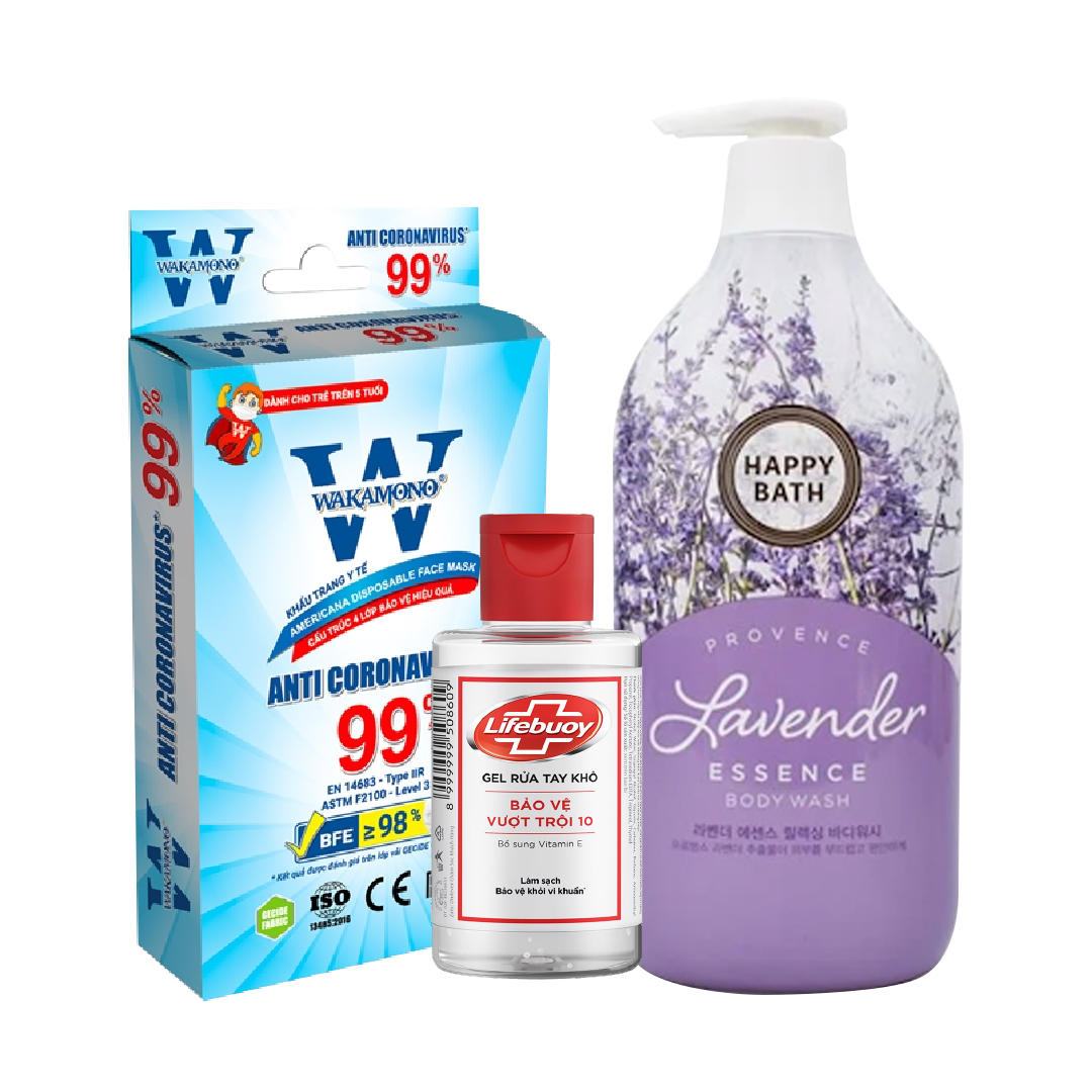 Combo An Toàn Sức Khỏe (Sữa Tắm Levender, Gel Rửa Tay Lifebuoy, Khẩu Trang Y Tế)