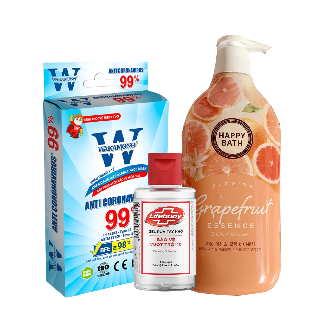 Combo An Toàn Sức Khỏe (Sữa Tắm Grapefruit, Gel Rửa Tay Lifebuoy, Khẩu Trang Y Tế)