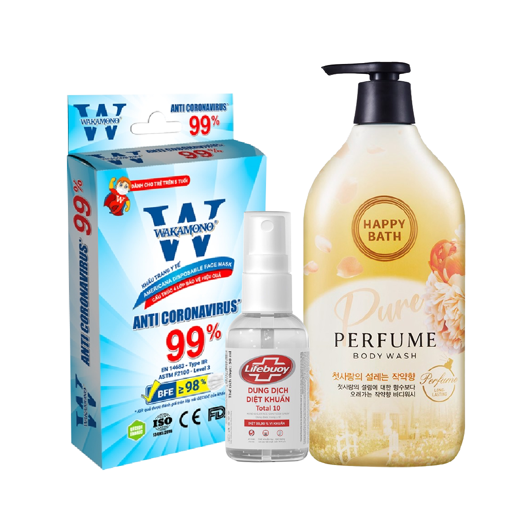 Combo An Toàn Sức Khỏe (Sữa Tắm Pure White, Gel Rửa Tay Lifebuoy, Khẩu Trang Y Tế)