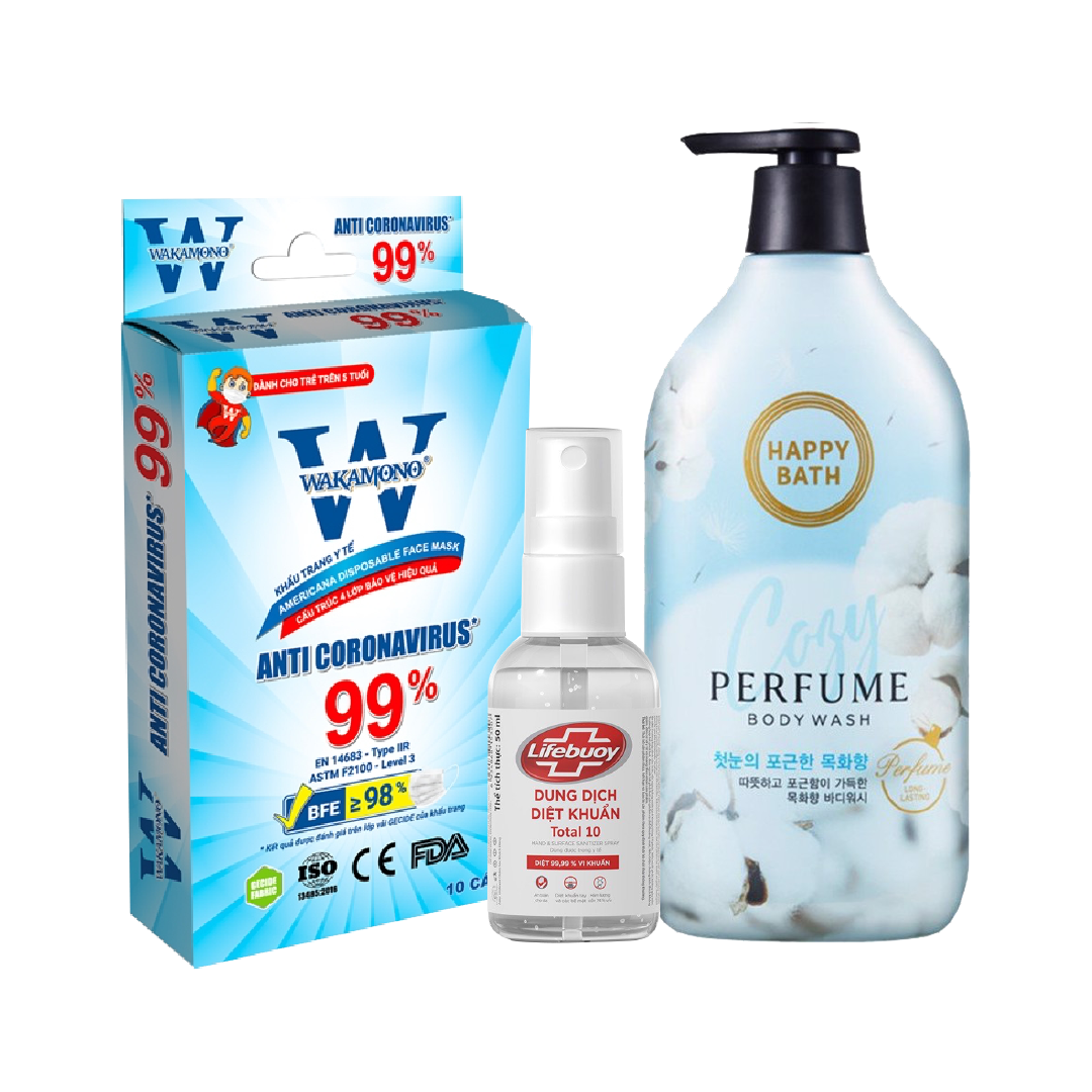 Combo An Toàn Sức Khỏe (Sữa Tắm Cozy Cotton, Gel Rửa Tay Lifebuoy, Khẩu Trang Y Tế)