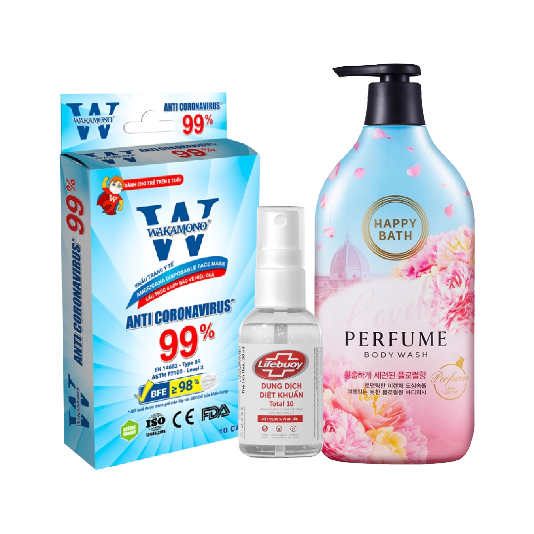 Combo An Toàn Sức Khỏe (Sữa Tắm Lovely Pink, Gel Rửa Tay Lifebuoy, Khẩu Trang Y Tế)