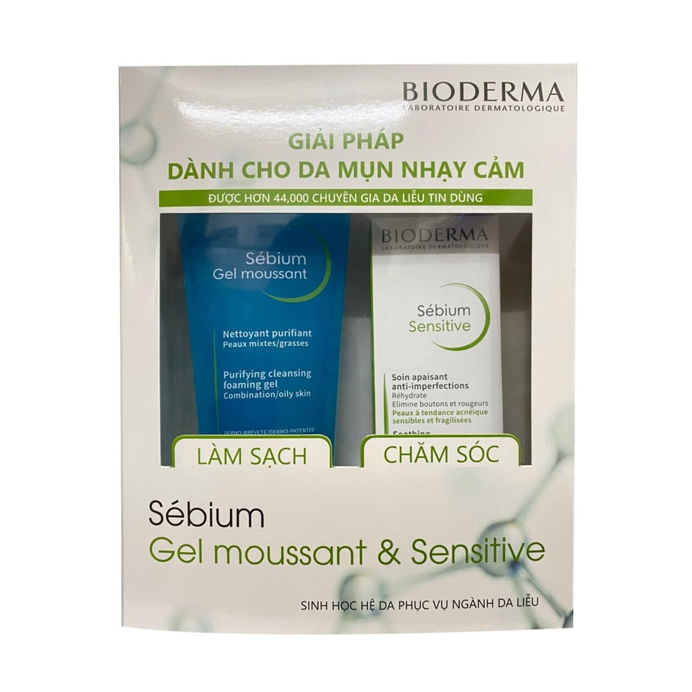Bộ Sản Phẩm Làm Sạch Và Chăm Sóc Da Mụn Nhạy Cảm Bioderma Sebium Gel Moussant & Sensitive