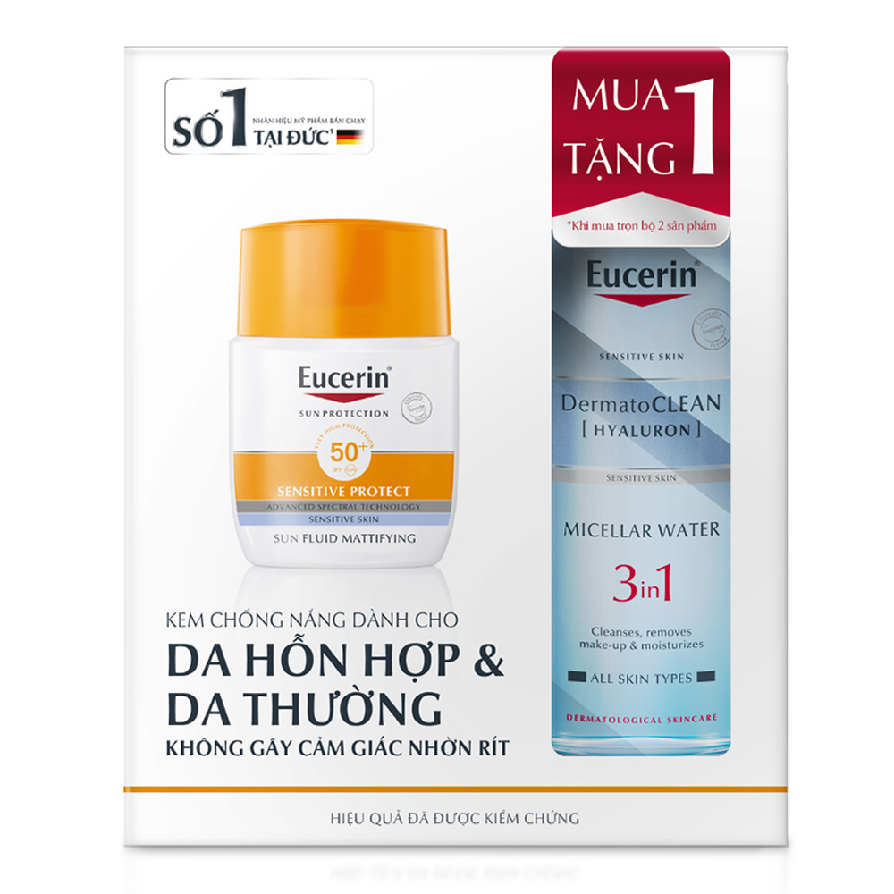 Bộ Kem Chống Nắng Không Nhờn Rít Cho Da Thường, Da Hỗn Hợp Eucerin Sun Fluid Mattifying Face Spf50+ 50Ml