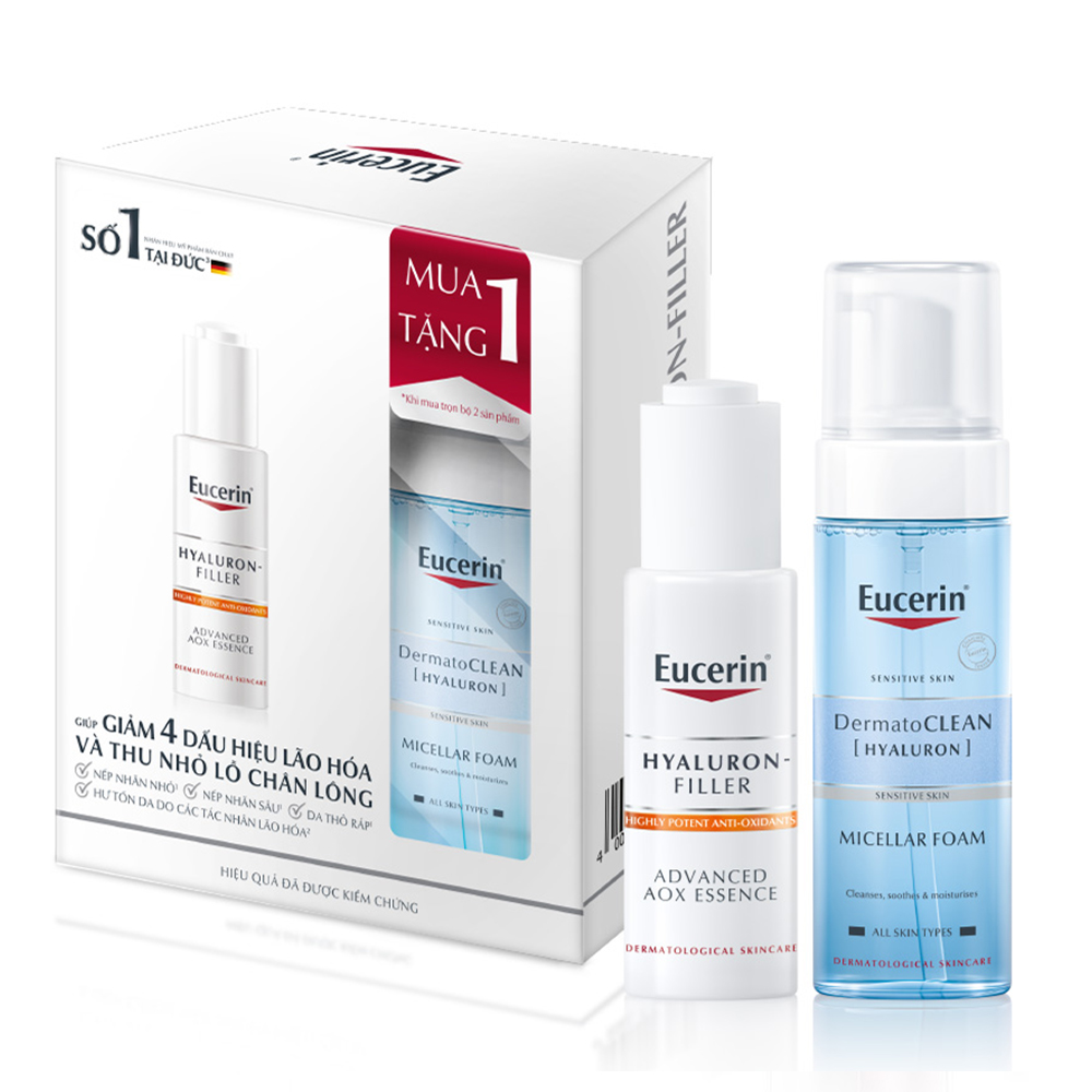 Bộ Tinh Chất Cấp Ẩm Giúp Giảm Dấu Hiệu Lão Hóa Eucerin Hyaluron - Filler Aox Essence 30Ml + Tẩy Trang Eucerin