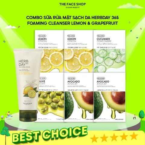 T04_Combo Sữa Rửa Mặt Dành Cho Da Dầu, Da Hỗn Hợp Herbday 365 Foaming Cleanser Lemon & Grapefruit 100Ml & 6 Mặt Nạ Dưỡng Da Hàng Ngày Real Nature