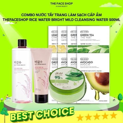 T14_ Combo Tẩy Trang Làm Sạch Da (1 Nước Tẩy Trang Rice Water Bright Mild Cleansing Water 500Ml + 1 Gel Dưỡng Ẩm Mặt Và Body Jeju Aloe Fresh Soothing Gel + 1 Sữa Rửa Mặt Gạo 100Ml + 8 Mặt Nạ Dưỡng Da Hàng Ngày Real Nature)