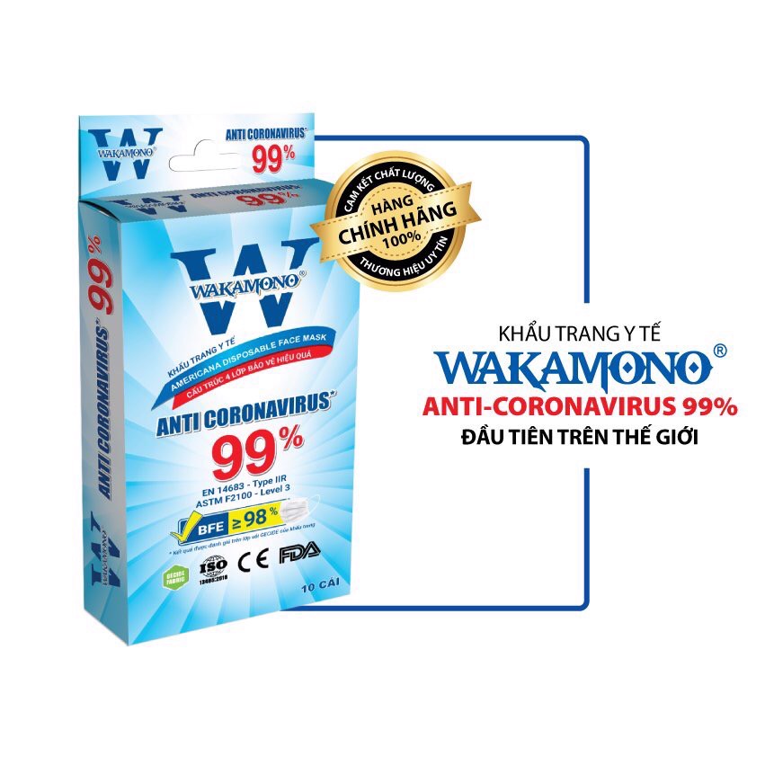 Khẩu Trang Y Tế 4 Lớp Wakamono Diệt Virus Corona 99% (10 Cái/Hộp)