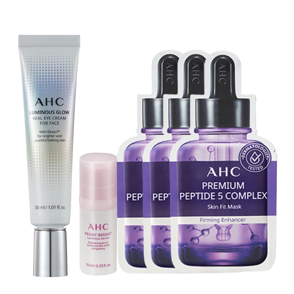 Combo Kem Dưỡng Làm Sáng Vùng Da Mắt Ahc Luminous Glow Real Eye Cream For Face 30Ml (Tặng 1 Tinh Chất Sáng Da Ahc Peony Bright 10Ml & 3 Mặt Nạ Săn Chắc Da Ahc)