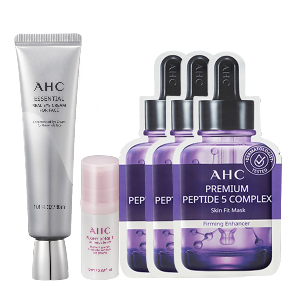 Combo Kem Dưỡng Mắt Trẻ Hóa Da Ahc Essential Real Eye Cream For Face 30Ml (Tặng 1 Tinh Chất Sáng Da Ahc Peony Bright 10Ml & 3 Mặt Nạ Săn Chắc Da Ahc)