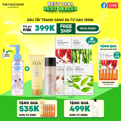 T22_Combo Dầu Tẩy Trang Rice Water Bright Light Facial Cleansing Oil 150Ml (Dragon)& 1 Sữa Rửa Mặt Dưỡng Ẩm Không Khô Da Mango Seed Creamy 100Ml & 1 Dầu Tẩy Trang Rice Water Bright Light Facial Cleansing Oil 55Ml & 5 Mặt Nạ Real Nature
