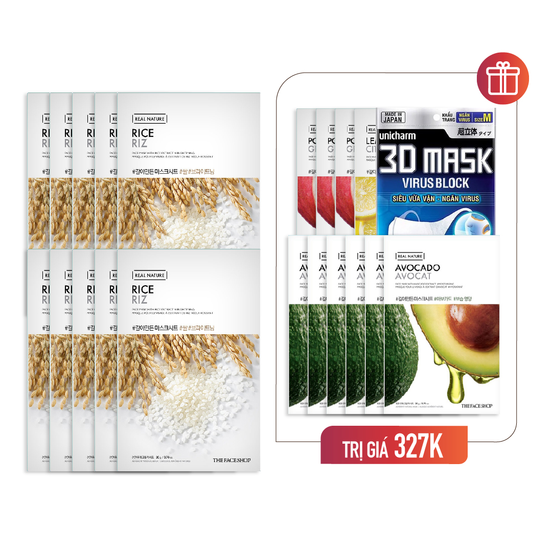 Combo 10 Mặt Nạ Làm Sáng Da Chiết Xuất Gạo Thefaceshop Real Nature Rice 20G (Gz)
