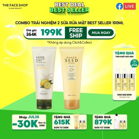 T34_Combo Sữa Rửa Mặt Dành Cho Da Dầu, Da Hỗn Hợp Herbday 365 Foaming Cleanser Lemon & Grapefruit 100Ml & 1 Sữa Rửa Mặt Dưỡng Ẩm Không Khô Da Mango Seed Creamy 100Ml