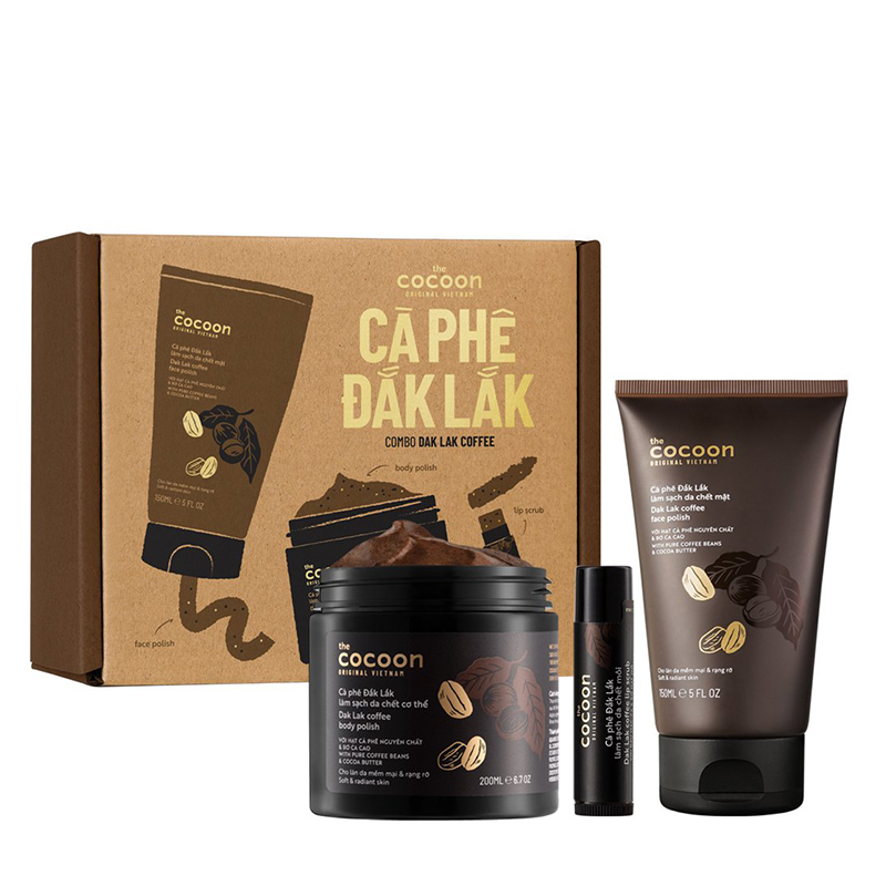 Combo Làm Sạch Cà Phê Đắk Lắk Cocoon Combo Daklak Coffee (Làm Sạch Da Cơ Thể 200Ml + Làm Sạch Da Mặt 150Ml + Làm Sạch Da Môi 5G)
