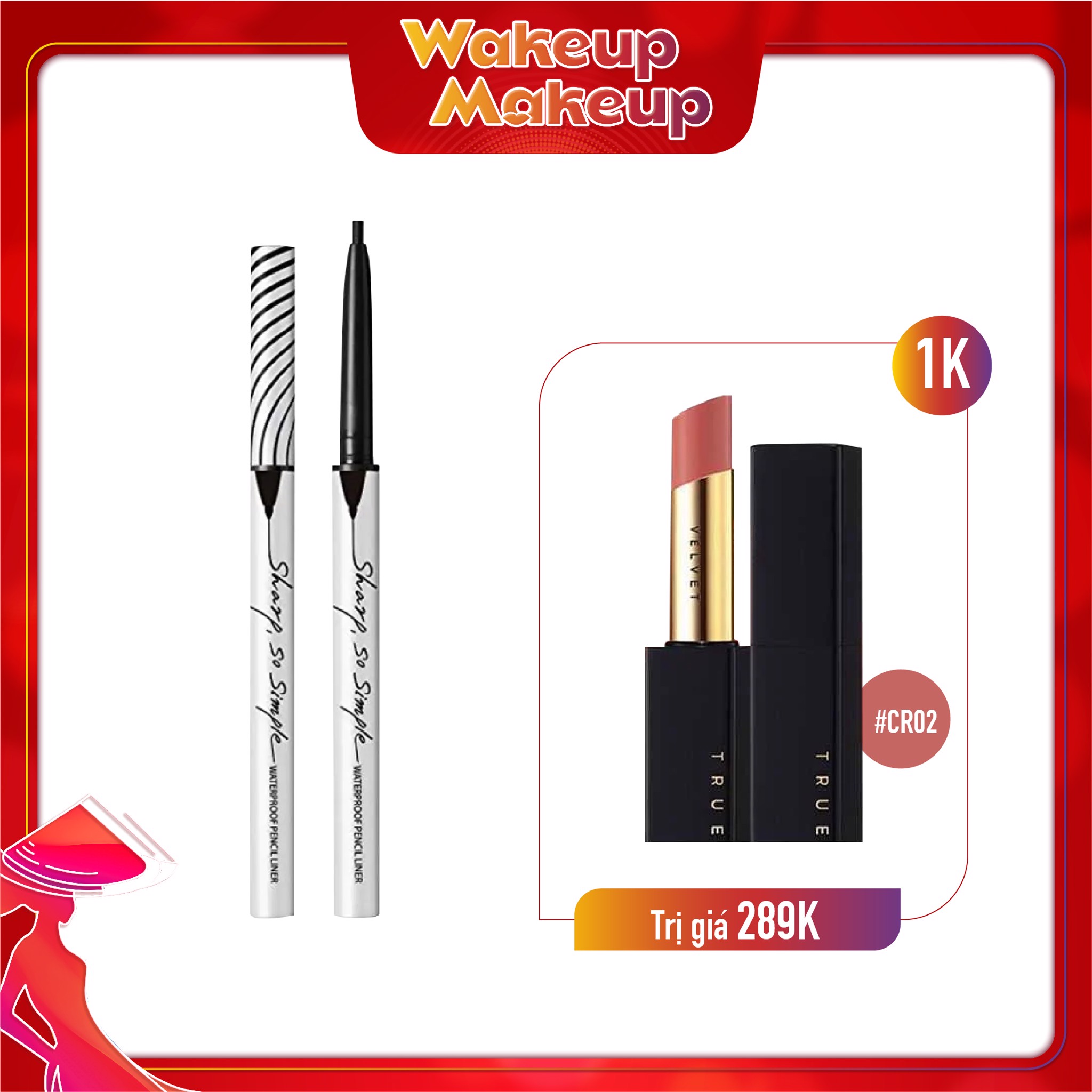 Combo Son Thỏi & Chì Kẻ Viền Mắt Clio Sharp, So Simple Waterproof Pencil Liner 02 Brown