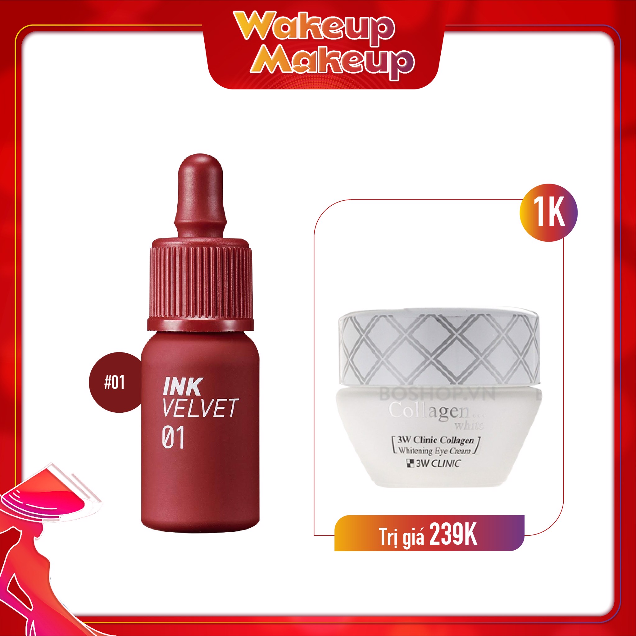 Combo Kem Dưỡng Mắt & Son Tint Hiệu Ứng Nhung Mịn Peripera Ink Velvet 01 Good Brick