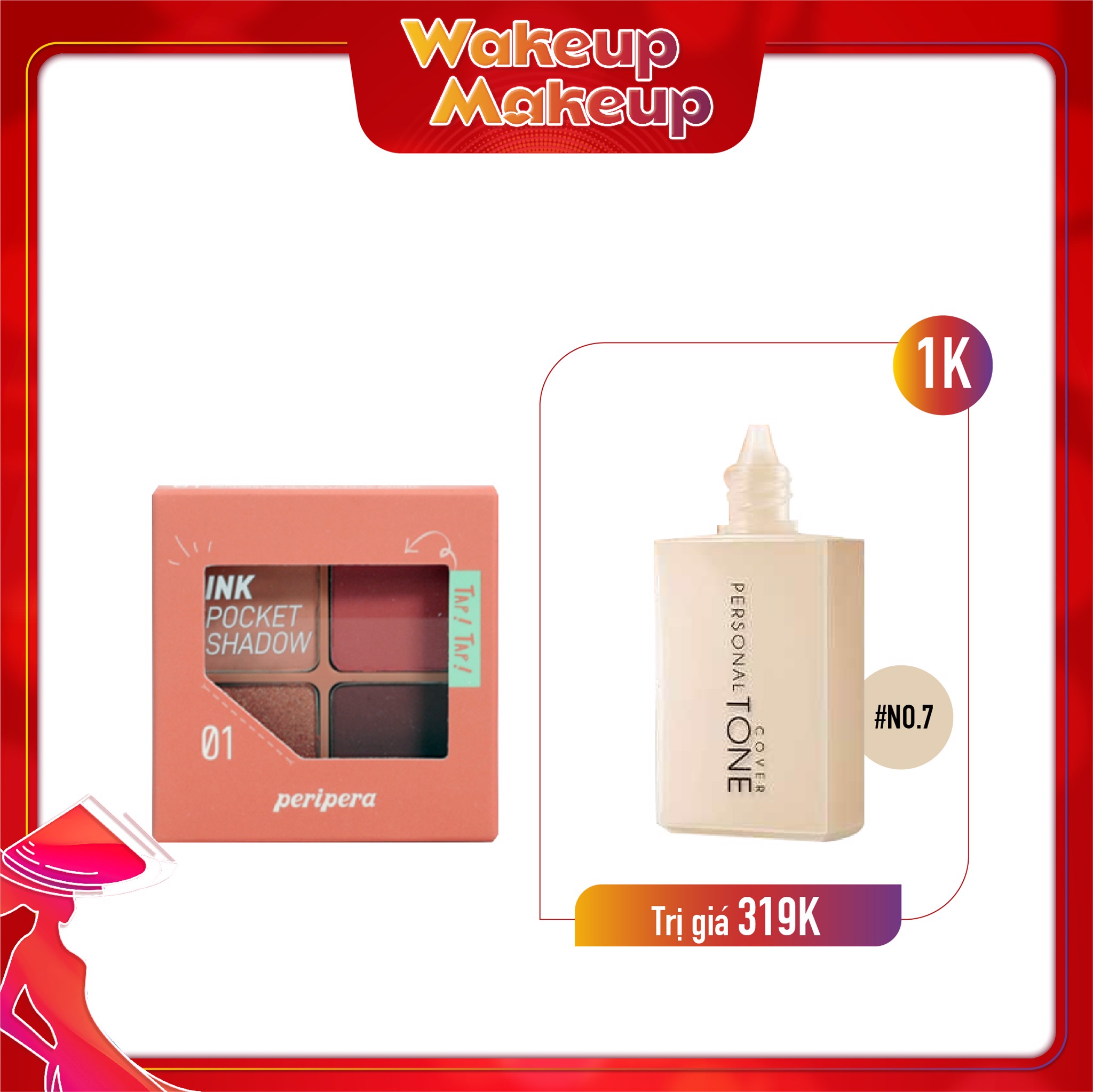 Combo Kem Nền & Bảng Phấn Mắt Nhũ Peripera Ink Pocket Shadow Palette 001