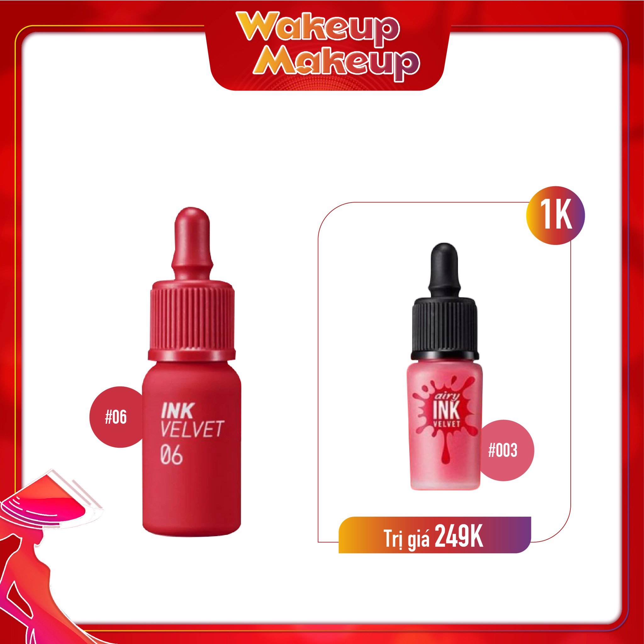 Combo Son Tint Hiệu Ứng Nhung Mịn Peripera Ink Velvet #6 Purdy Red