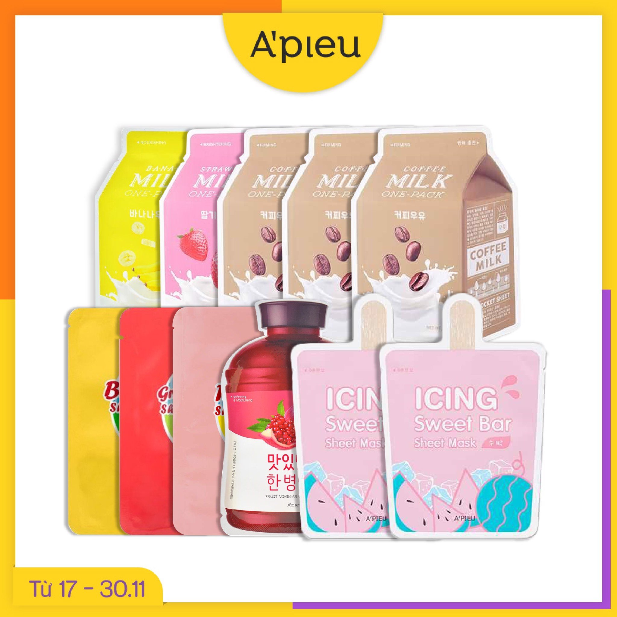 Combo 11 Mặt Nạ Giấy Cấp Nước, Nuôi Dưỡng Da Sáng Mịn A'pieu