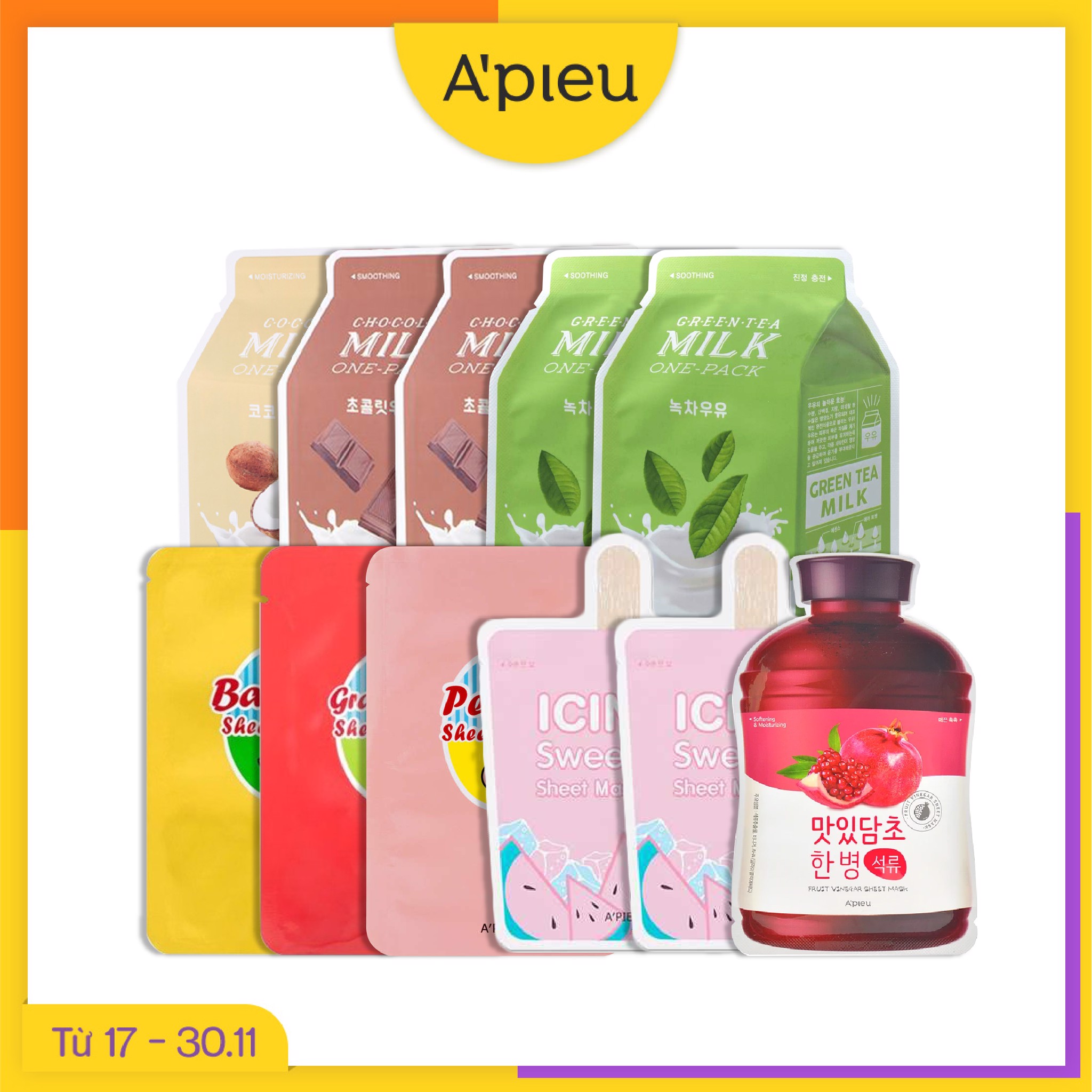 Combo 11 Mặt Nạ Giấy Dưỡng Ẩm, Tăng Cường Sinh Khí Làn Da A'pieu Milk One - Pack