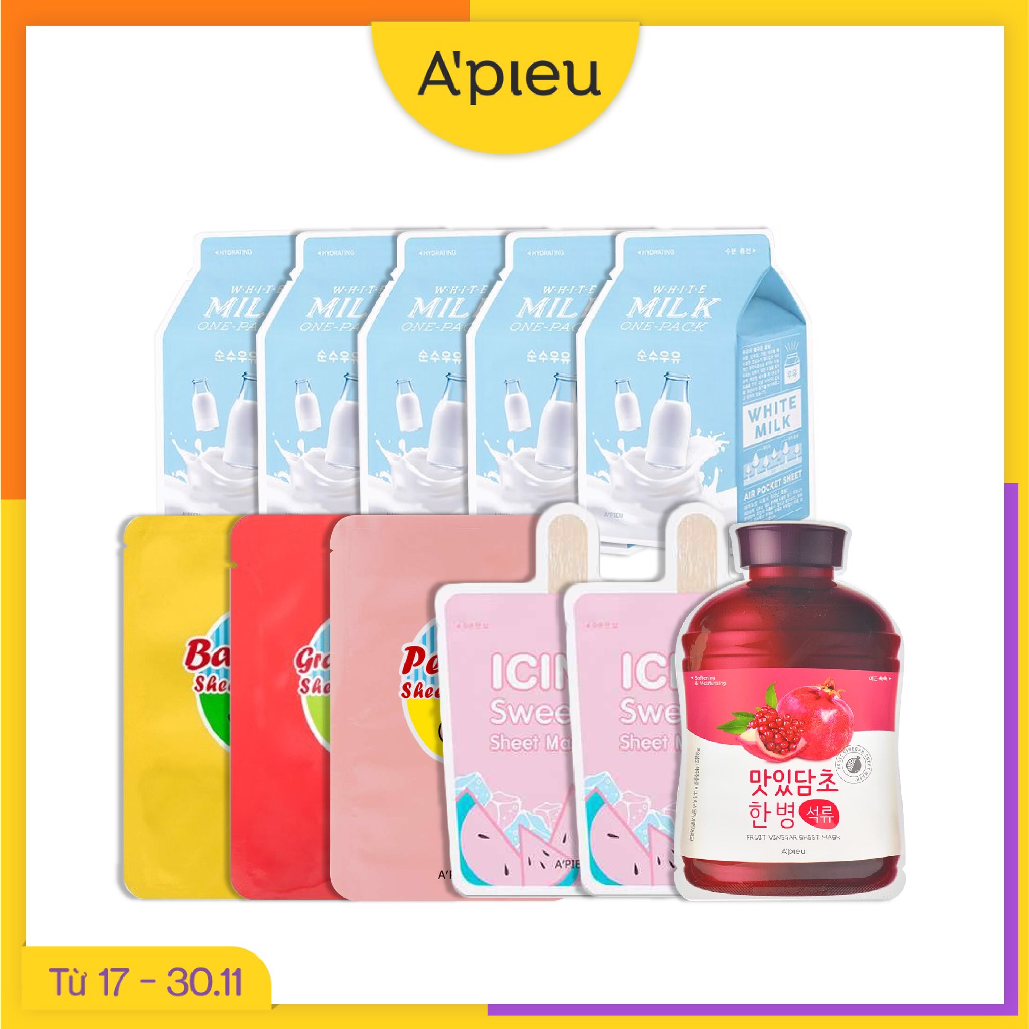 Combo 11 Mặt Nạ Giấy Cấp Ẩm, Chăm Sóc Da Mịn Màng A'pieu Milk One - Pack