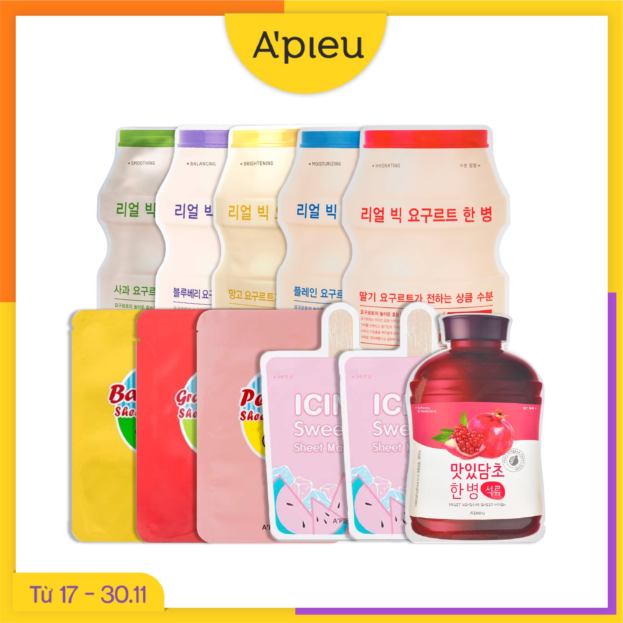 Combo 11 Mặt Nạ Giấy Dưỡng Ẩm, Chăm Sóc Da Sáng Mịn A'pieu Real Big Yogurt One - Bottle