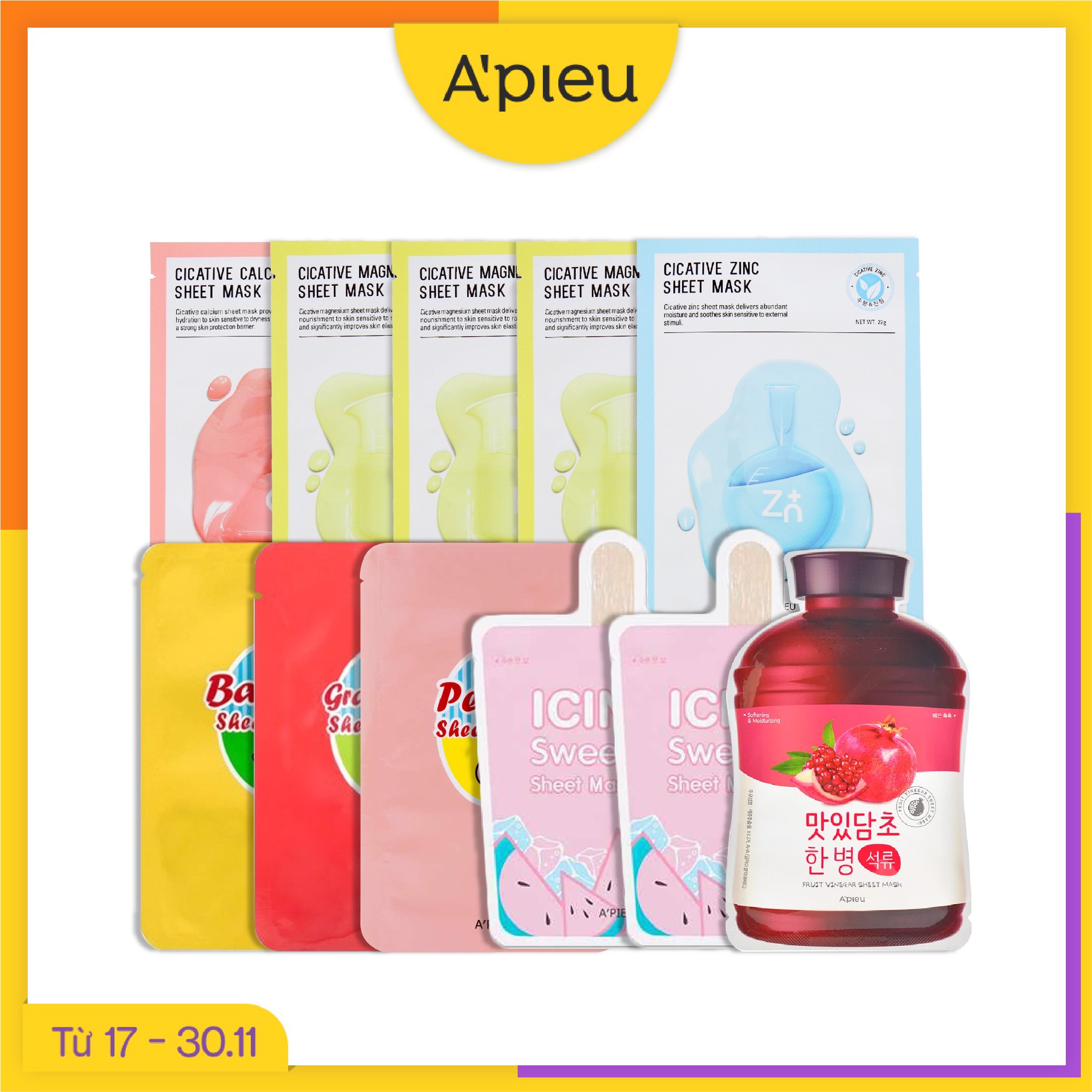 Combo 11 Mặt Nạ Giấy Cấp Ẩm, Làm Dịu & Nuôi Dưỡng Da Mịn Màng A'pieu Cicative Sheet