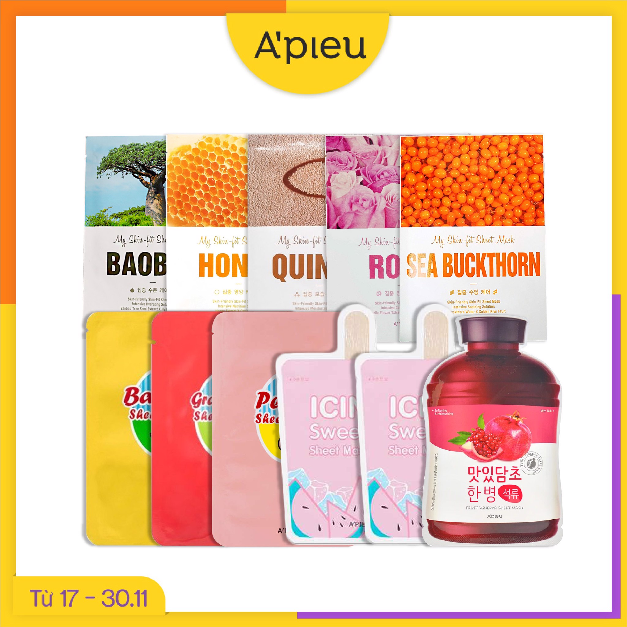 Combo 11 Mặt Nạ Giấy Cấp Nước, Sáng Mịn Da A'pieu My Skin - Fit Sheet