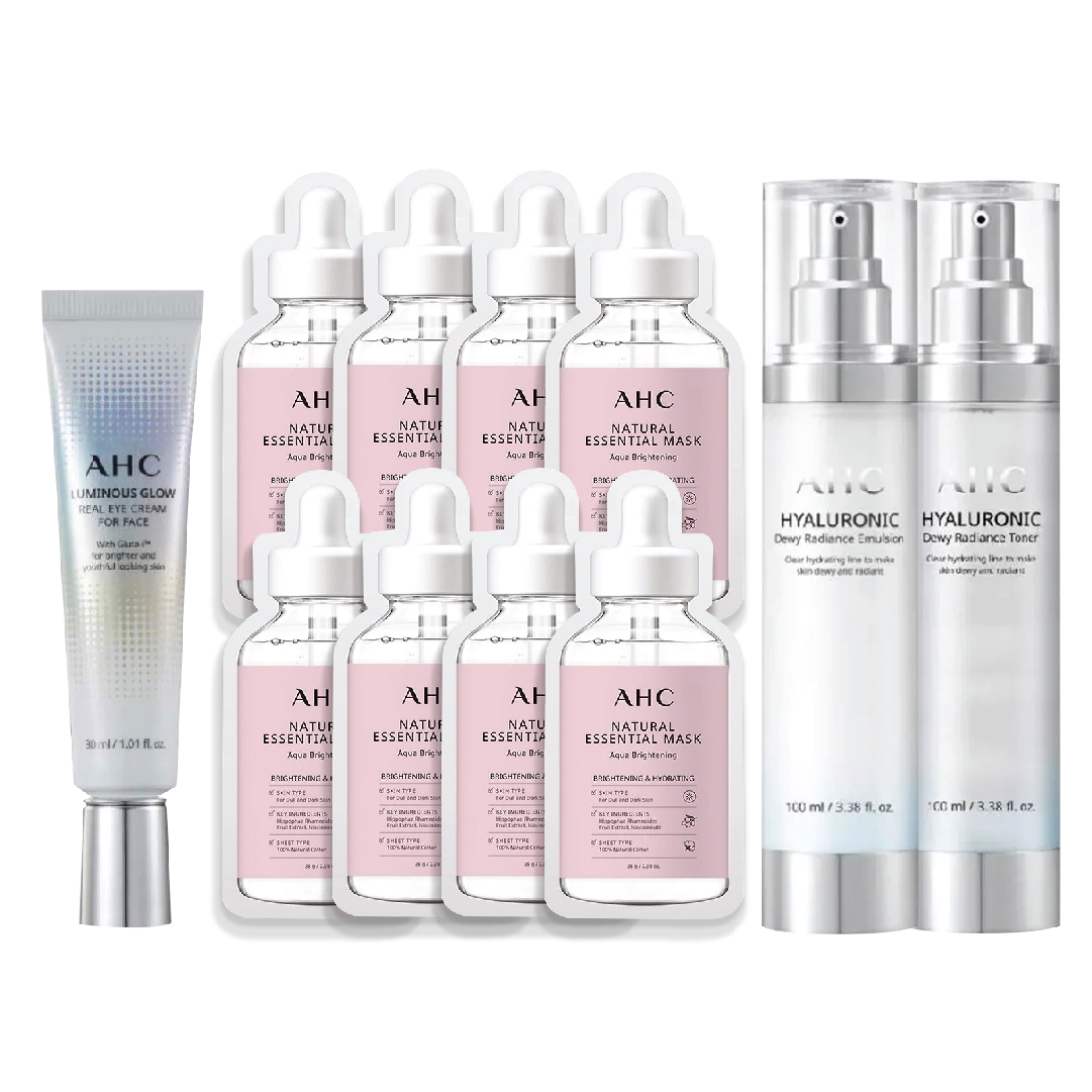 Combo Gồm 01 Toner, 01 Sữa Dưỡng Hyaluronic & 01 Kem Dưỡng Mắt Làm Sáng Da Ahc Luminous Glow (Tặng 8 Mặt Nạ Sáng Da Ahc Aqua Brightening)