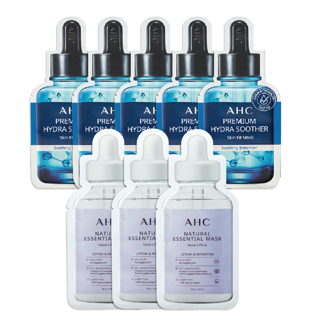 Combo 05 Mặt Nạ Giấy Dưỡng Ẩm Cao Cấp Ahc Premium Hydra Soother Skin Fit (Tặng 3 Mặt Nạ Làm Mịn Da Ahc Aqua Lifting)