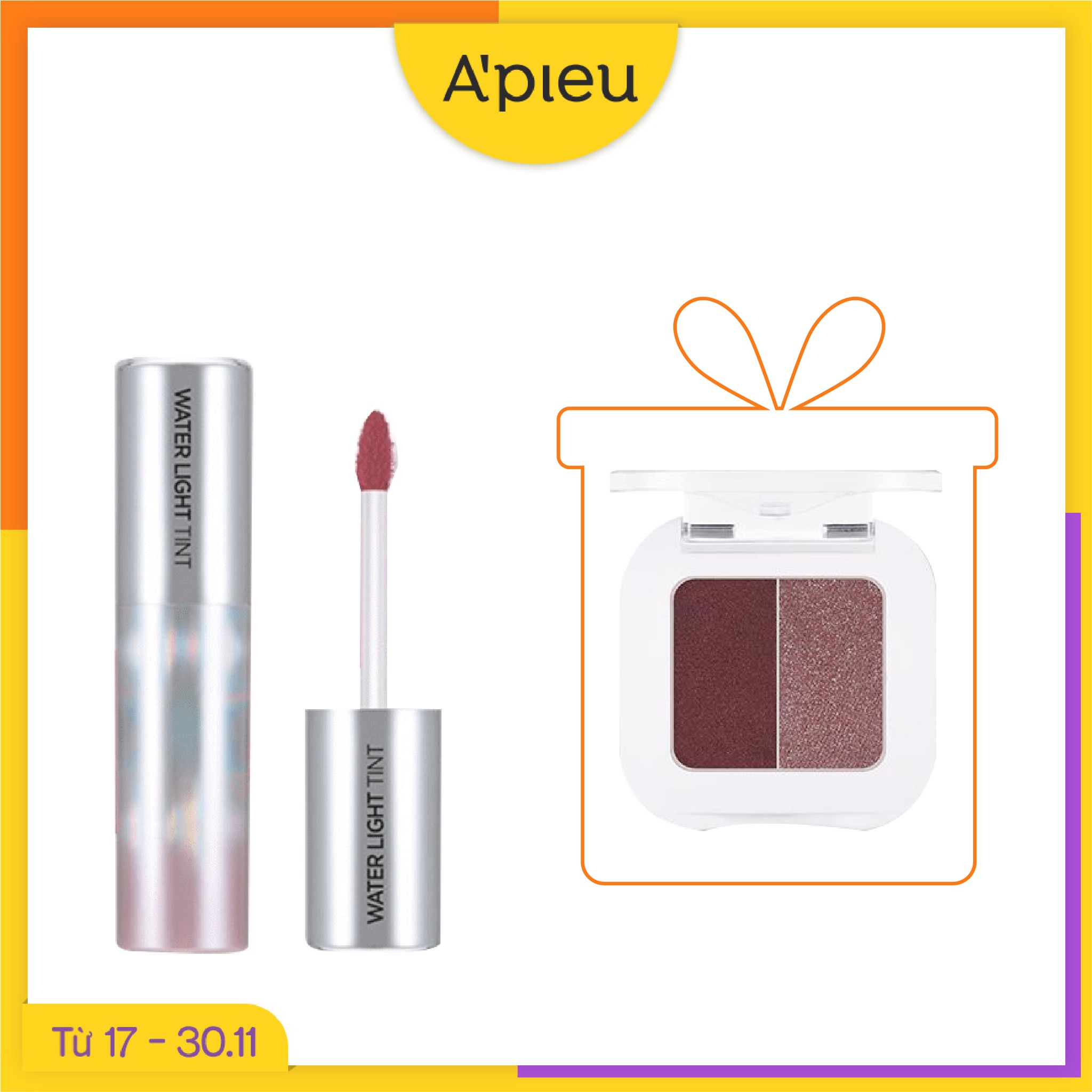 Combo Phấn Mắt Nhũ Mịn & Son Nước Hiệu Ứng Bóng A'pieu Water Light Tint Rd03