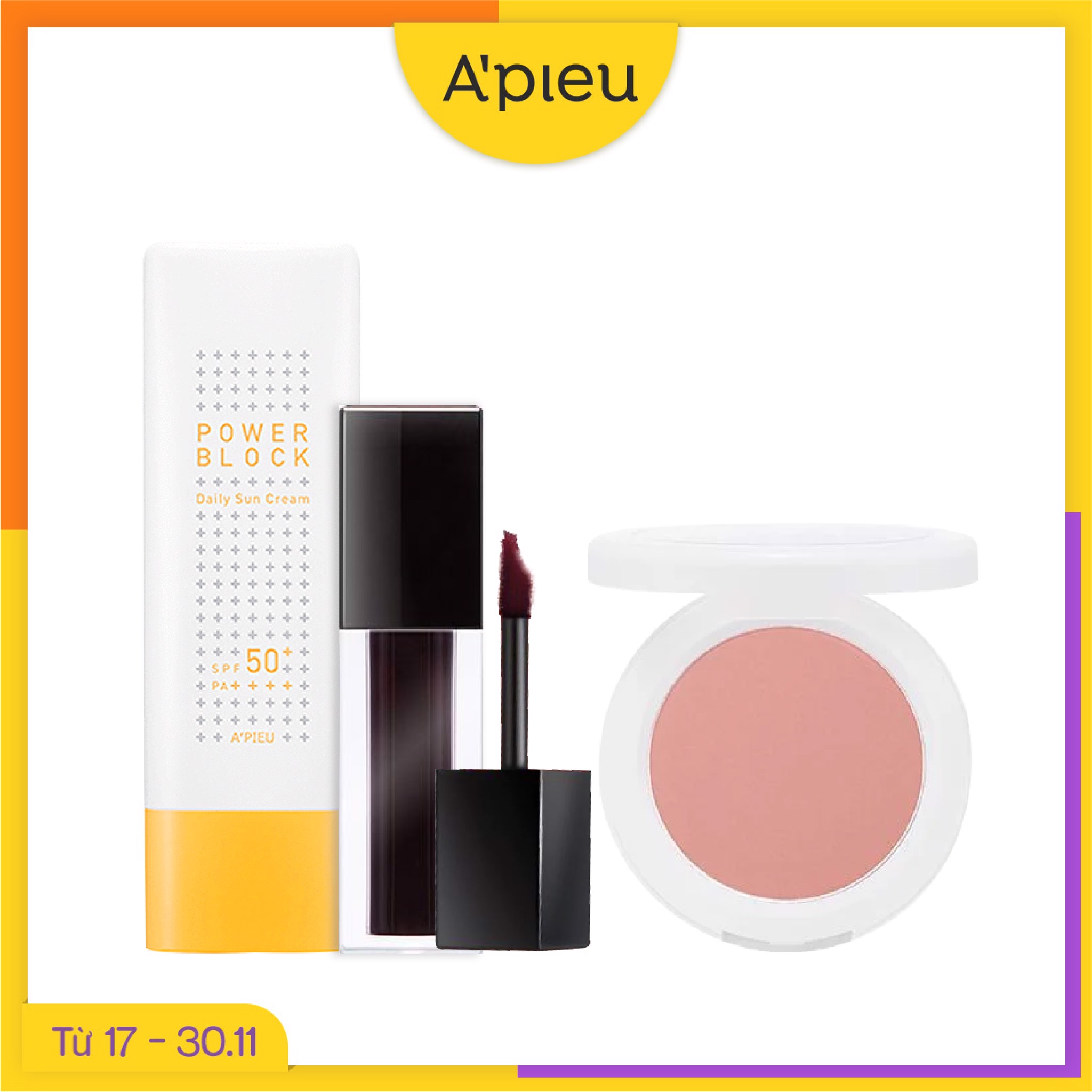 Combo Trang Điểm Má Môi & Kem Chống Nắng A'pieu Power Block Essence Sun Cream Spf50+/Pa++++