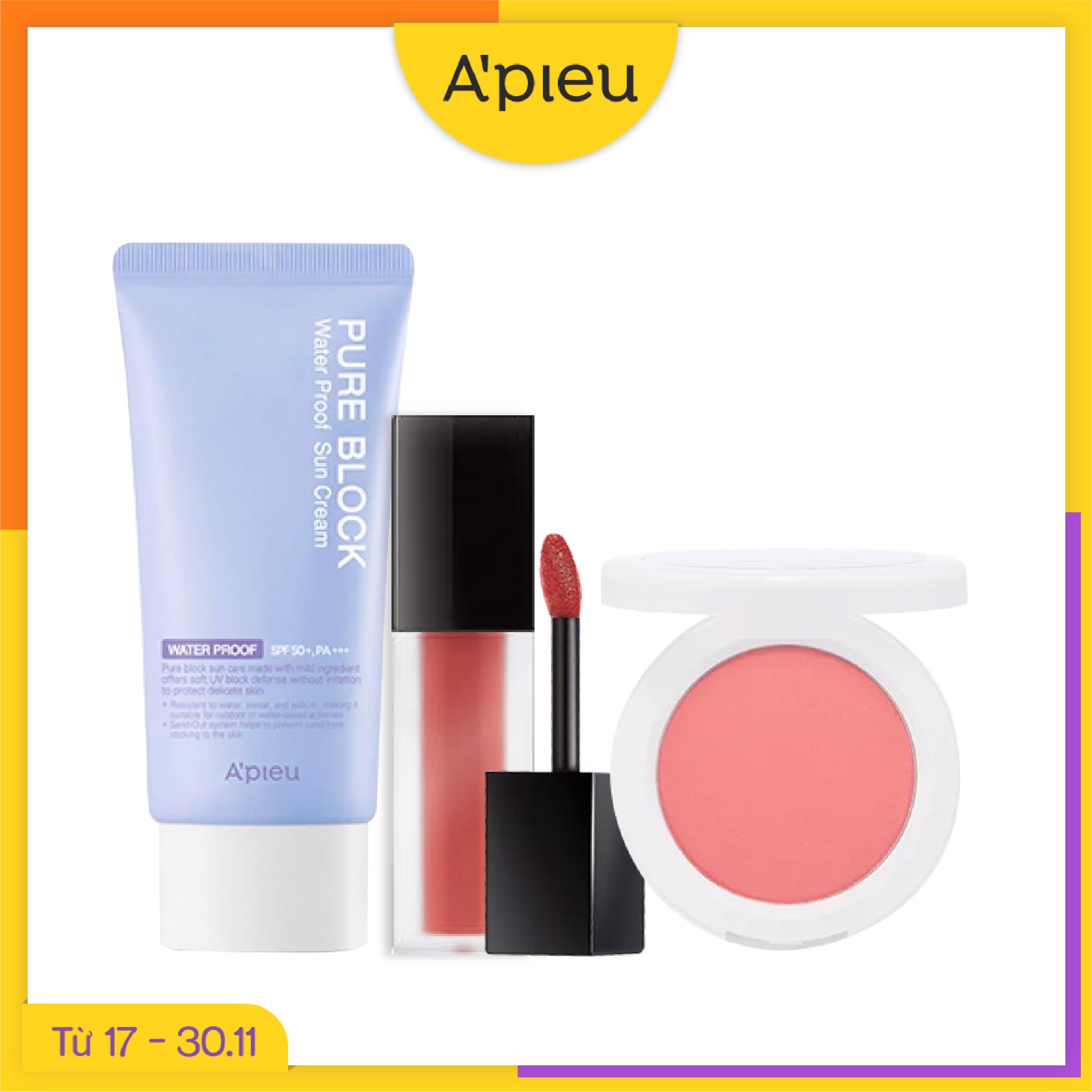 Combo Trang Điểm & Kem Chống Nắng Chống Thấm Nước A'pieu Pure Block Natural Waterproof Sun Cream Spf50+/Pa+++