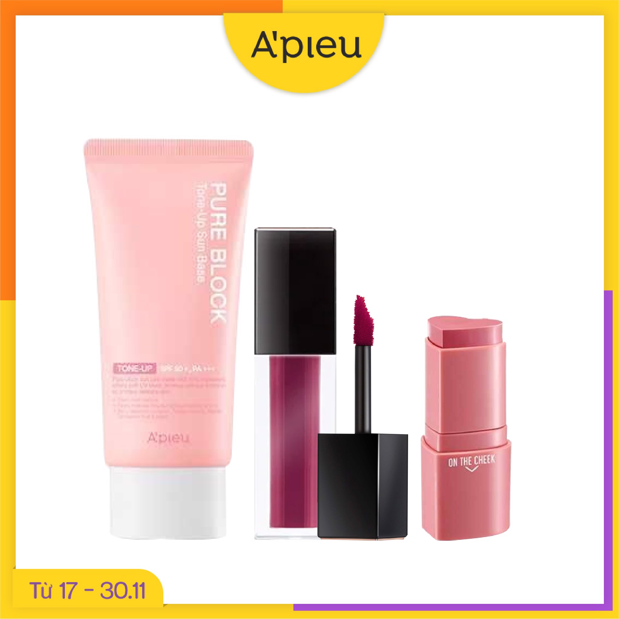 Combo Trang Điểm & Kem Chống Nắng Nâng Tông Da A'pieu Pure Block Tone - Up Sun Base Spf50+/Pa+++