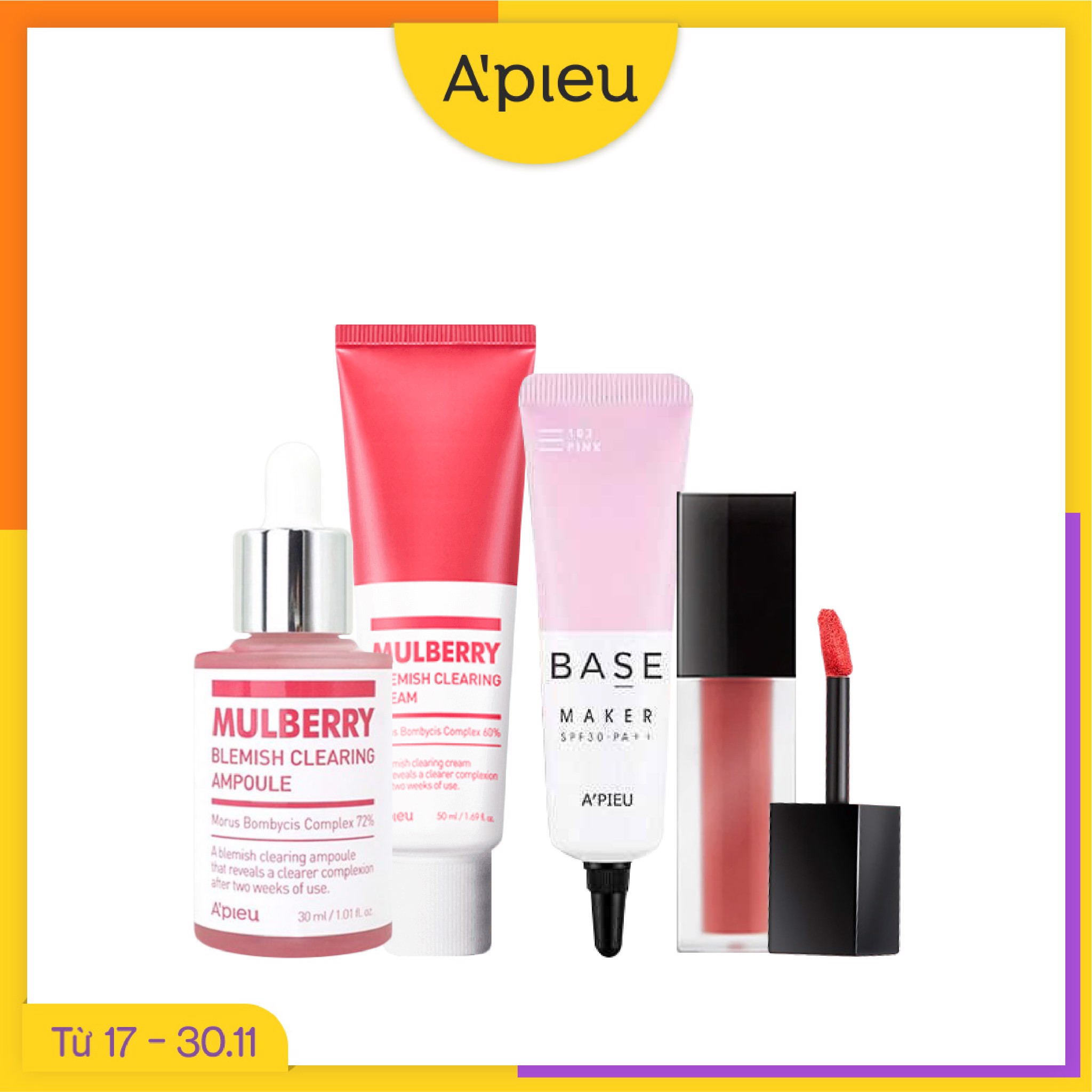 Combo Son Kem Lì & Bộ Tinh Chất Dưỡng Sáng Da A'pieu Mulberry Blemish Clearing Ampoule Special Set (2Pc)