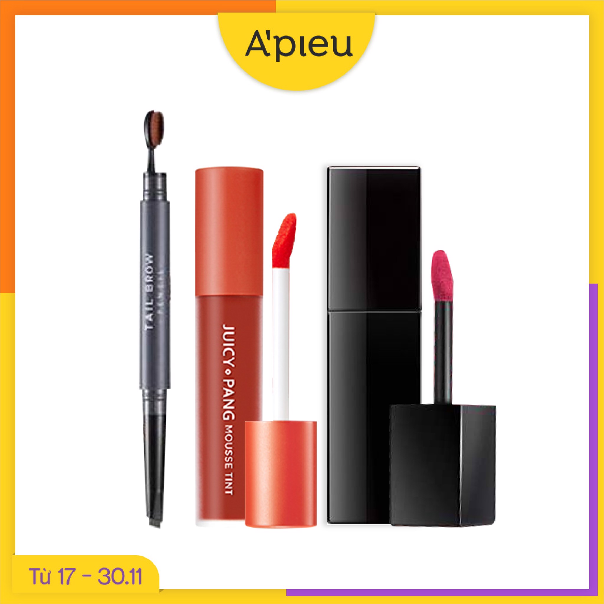 Combo Chì Kẻ Mày & Son Lì Nhung Mịn A'pieu Juicy Pang Tint (3Pc)