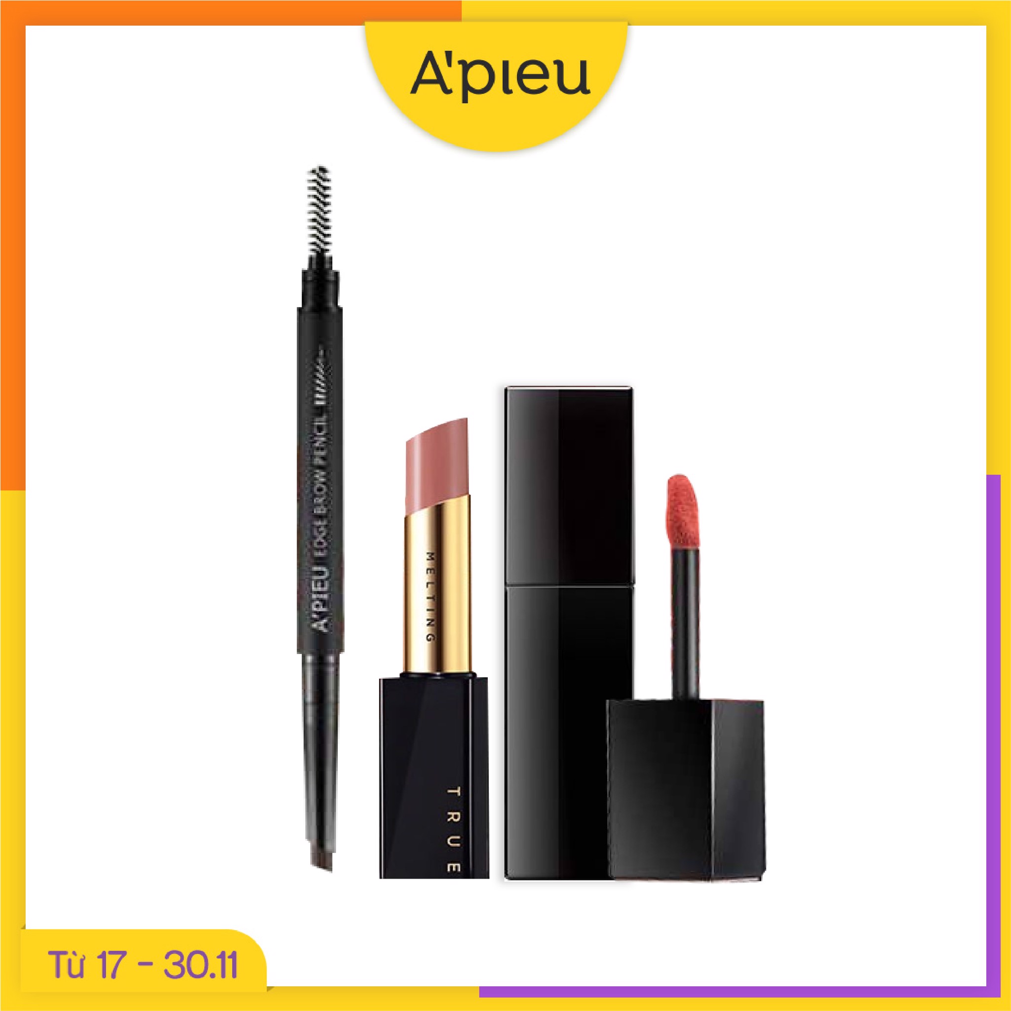 Combo Chì Vẽ Mày & Son Bóng Nhung Mịn A'pieu True Melting Lipstick (3Pc)