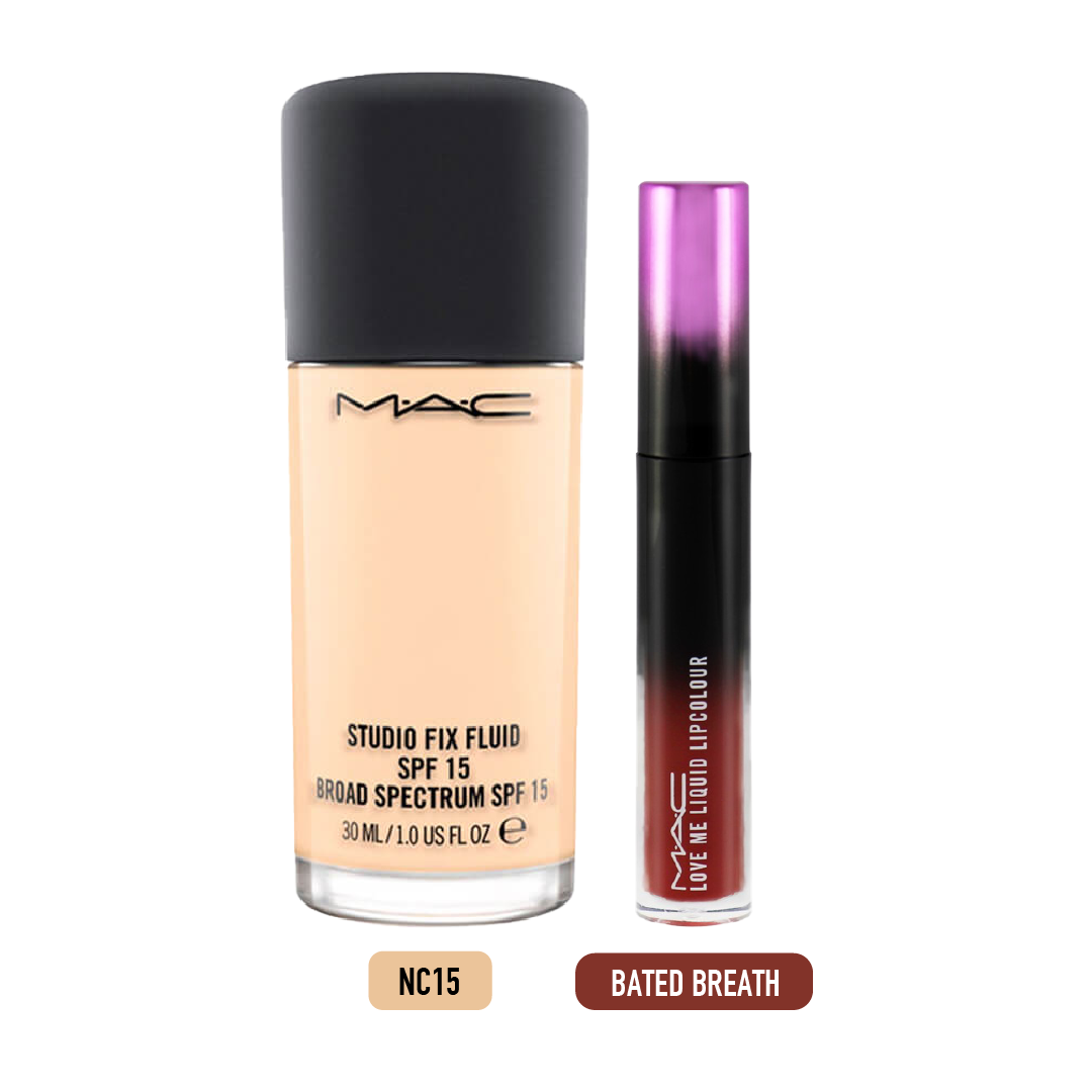 [Tông Nc15 Da Trắng Hồng] Combo Kem Nền Mac Studio Fix Fluid & Son Kem Lì Dưỡng Ẩm Mac Love Me Liquid #Bated Breath