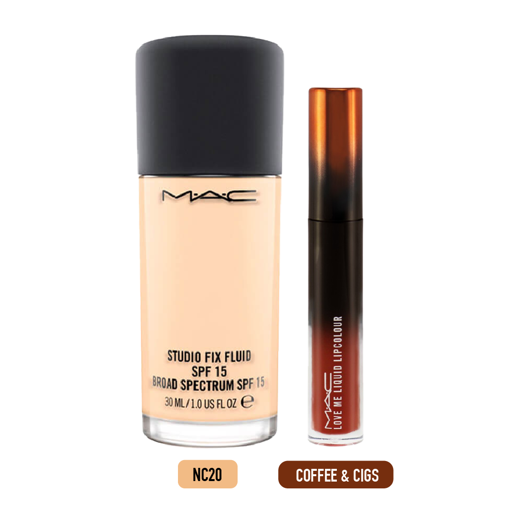 [Tông Nc20 Da Sáng] Combo Phấn Nền Mac Studio Fix Powder & Son Kem Lì Dưỡng Ẩm Mac Love Me Liquid #Coffee & Cigs