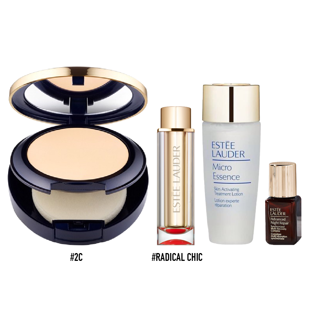 [Tông 2C1 Da Trung Bình] Combo Trang Điểm Dưỡng Da Estee Lauder (Phấn Phủ Nén Double Wear Stay - In - Place + Son Pure Color Love #Radical Chic + Sample Tinh Chất Night Repair 7Ml + Nước Thần Micro Essence 30Ml)