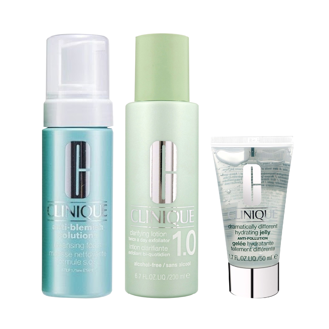 Combo Làm Sạch Và Dưỡng Da Dành Cho Da Nhạy Cảm Clinique (Bọt Rửa Mặt + Nước Thanh Tẩy + Thạch Dưỡng Ẩm)