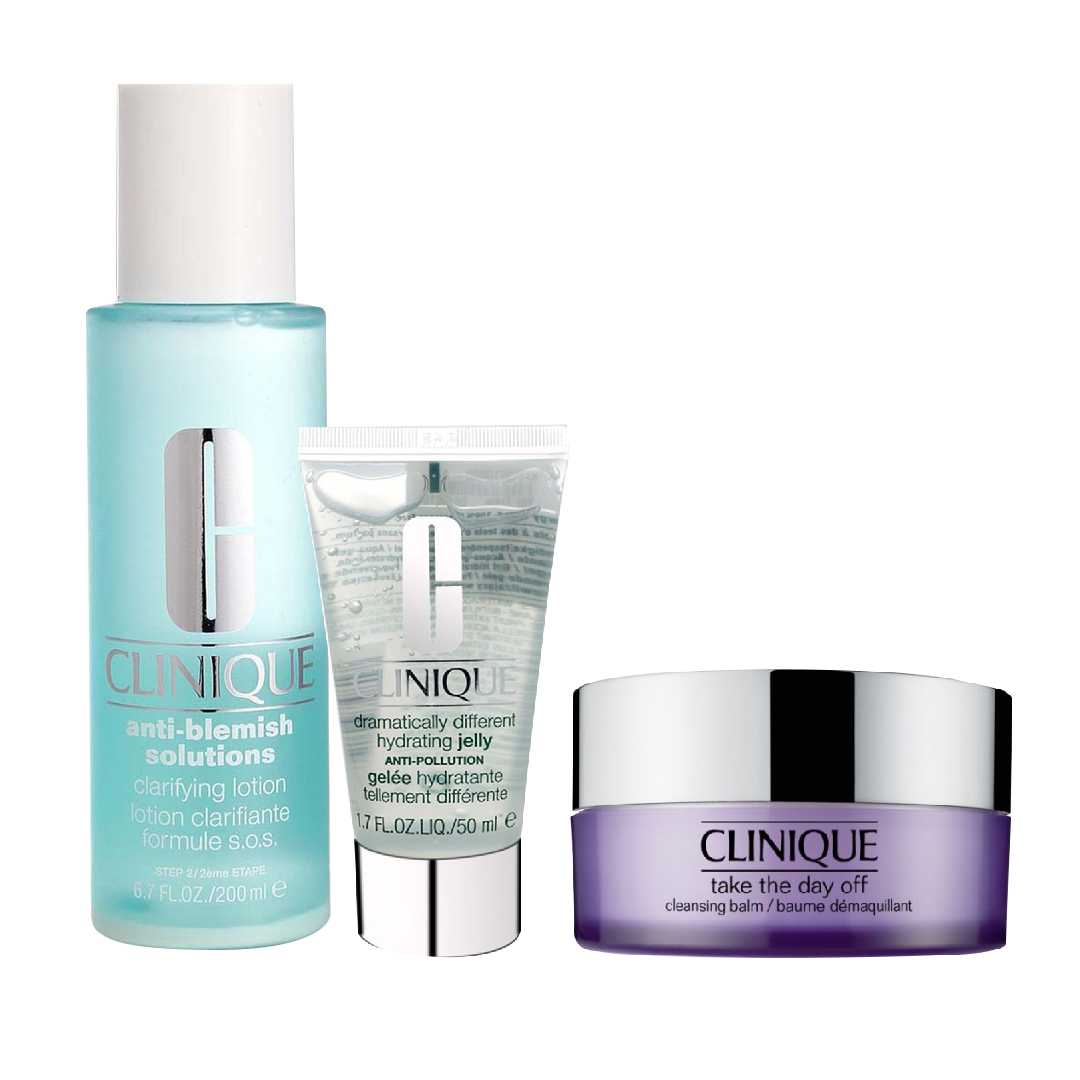 Combo Tẩy Trang Và Dưỡng Da Cho Da Mụn Nhạy Cảm Clinique (Sáp Tẩy Trang + Nước Thanh Tẩy + Thạch Dưỡng Ẩm)
