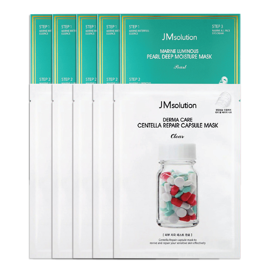 Combo 5 Mặt Nạ Jmsolution Marine Luminous Pearl Deep Moisture Mask Và 5 Mặt Nạ Jmsolution Derma Care Centella Repair Capsule Mask Clear