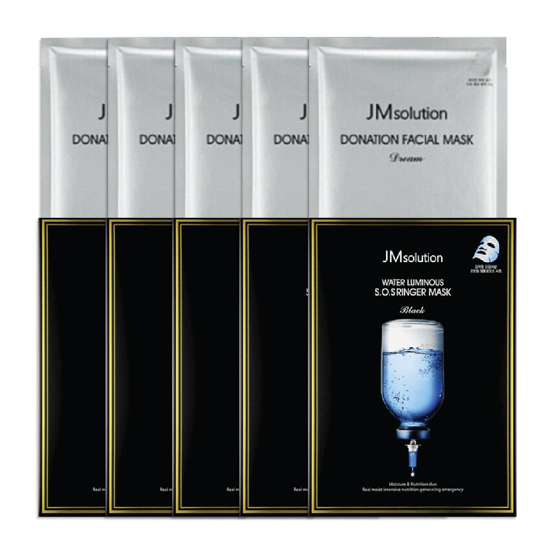 Combo 5 Mặt Nạ Giấy Chống Lão Hoá Jmsolution Donation Facial Mask Dream Và 5 Mặt Nạ Giấy Jmsolution Water Luminous S.o.s Linger Mask Black