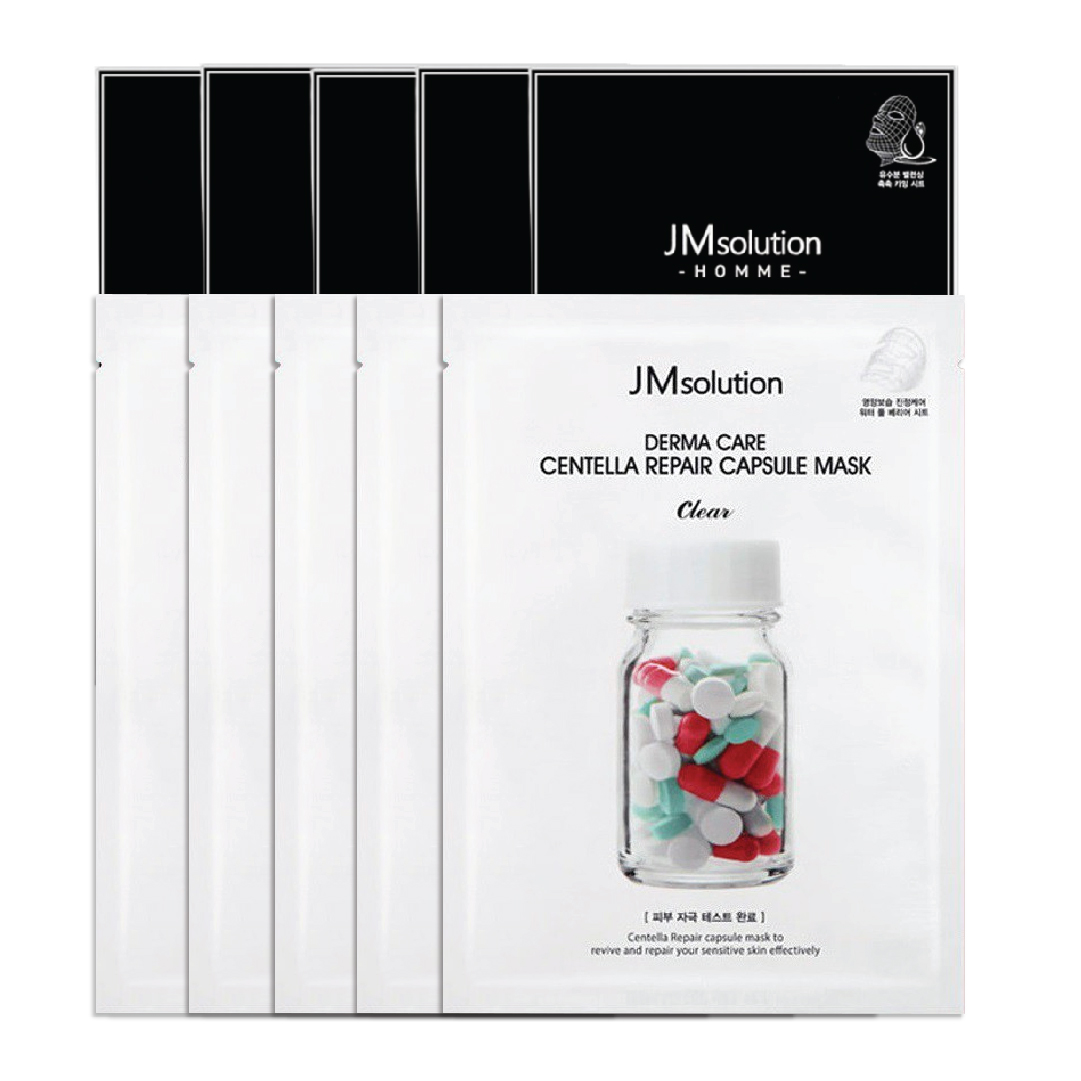 Combo 5 Mặt Nạ Cấp Nước Jmsolution Homme Hydrating Moisture Mask Và 5 Mặt Nạ Làm Dịu Da Jmsolution Derma Care Centella Repair Capsule Mask Clear