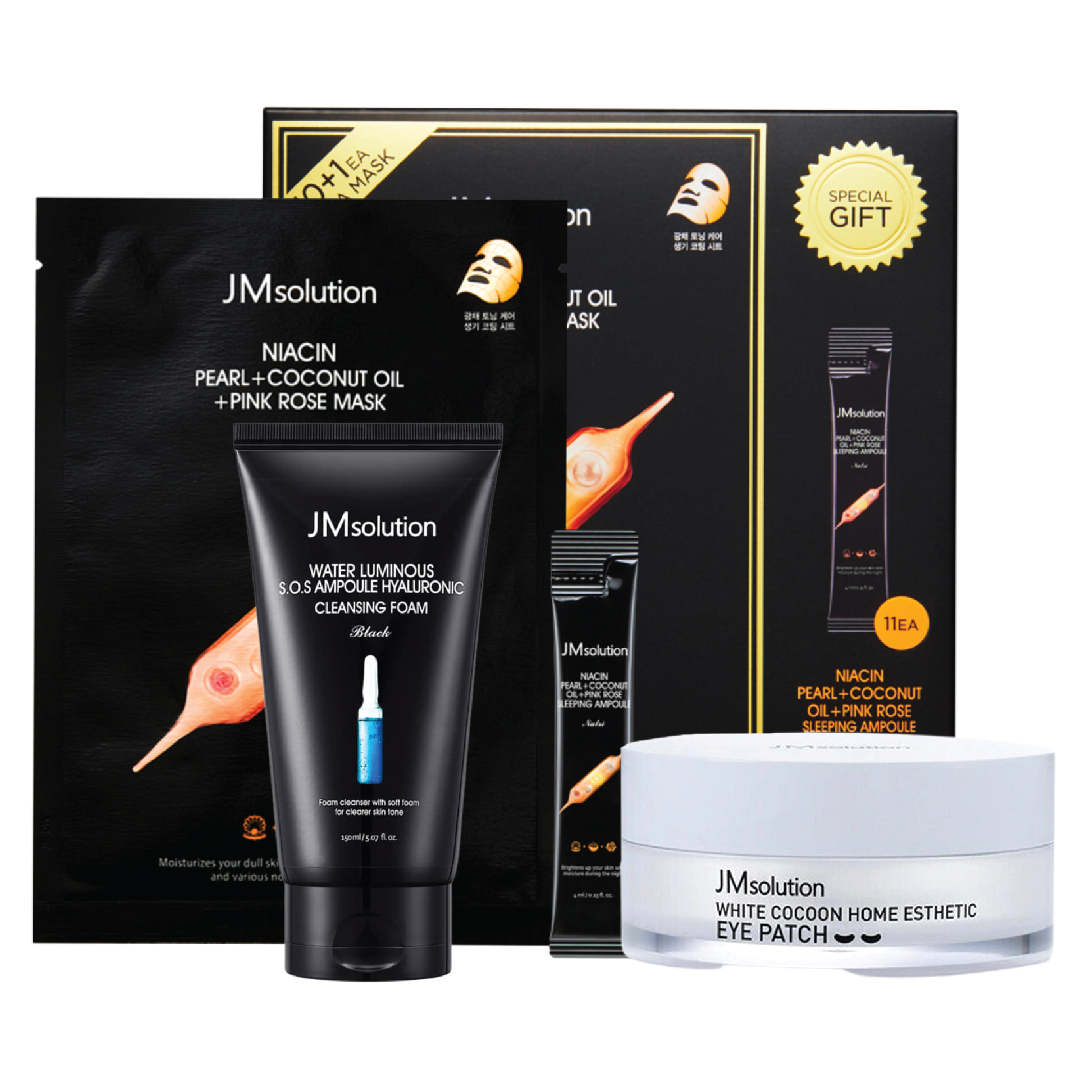 Combo 1 Bộ Mặt Nạ Dưỡng Da Jmsolution Niacin Pearl+Coconut Oil+Pink Rose Mask Nutri Edition + 1 Mặt Nạ Dưỡng Mắt Giảm Thâm Jmsolution (Tặng 1 Sữa Rửa Mặt Jmsolution Water Luminous S.o.s)