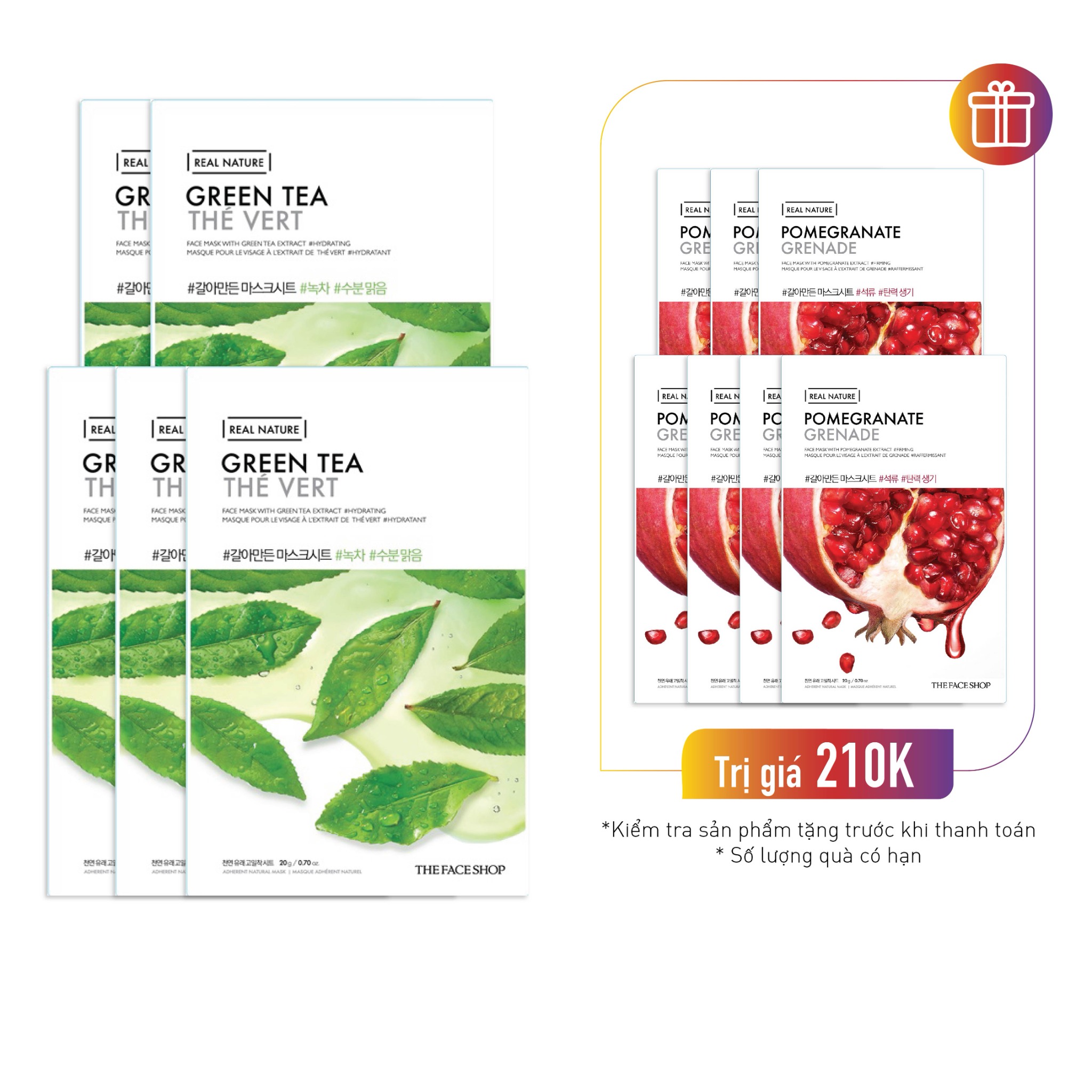 Combo 5 Mặt Nạ Giấy Thanh Lọc Dành Cho Da Nhờn Mụn Thefaceshop Real Nature Green Tea (Gz)