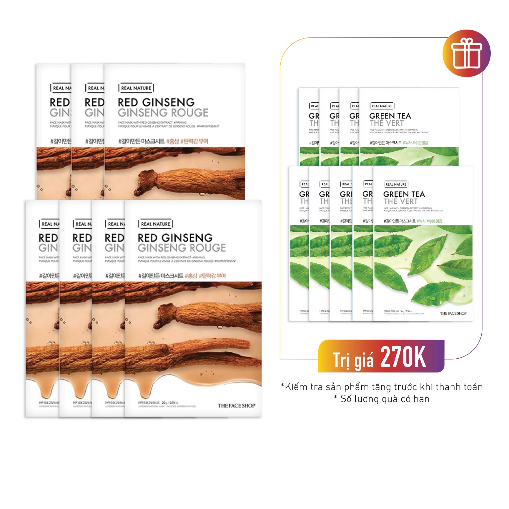 Combo 7 Mặt Nạ Giấy Tái Tạo Da Thefaceshop Real Nature Red Ginseng Face Mask (Gz)