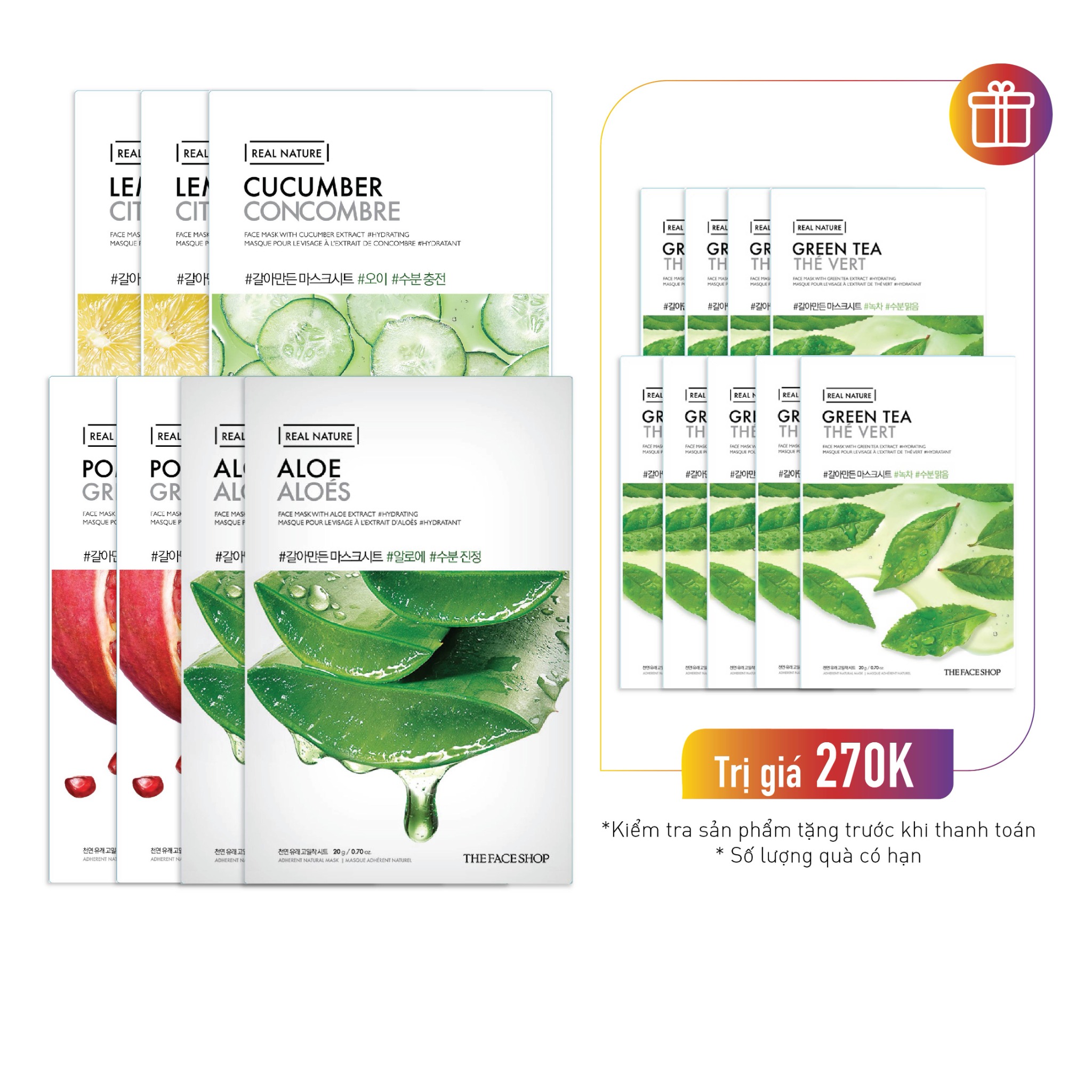 Combo 7 Mặt Nạ Mix Thefaceshop Real Nature (2 Chanh, 2 Lựu, 1 Dưa Leo, 2 Lô Hội)