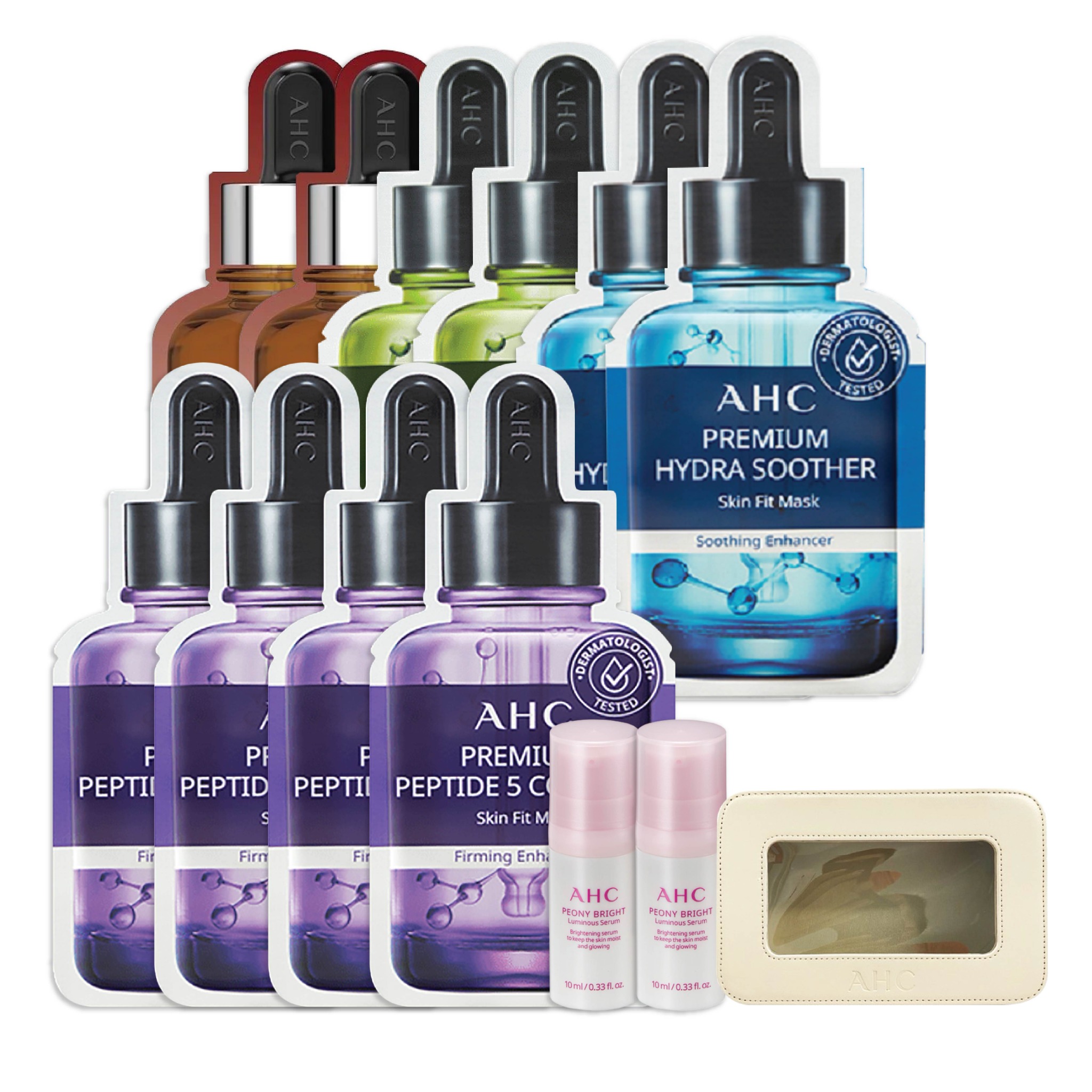 Combo 10 Mặt Nạ Dưỡng Ẩm, Phục Hồi Da Săn Chắc Ahc Premium (2 Vital C, 2 Cica - 3, 4 Peptide - 5, 2 Hydra) Tặng 2 Serum Ahc 10Ml & 1 Túi Đựng Mỹ Phẩm