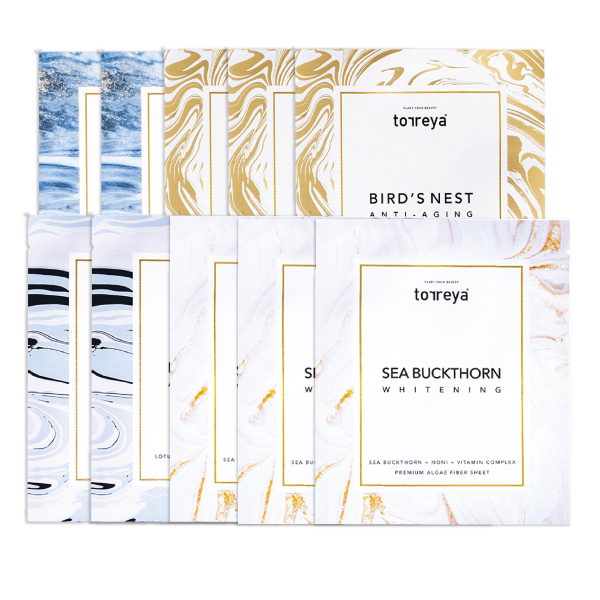 Combo 10 Mặt Nạ Cấp Ẩm, Chống Lão Hóa & Làm Sáng Da Torreya (2Coconut, 3 Bird's Nest, 2 Lotus & 3 Sea Buckthorn)